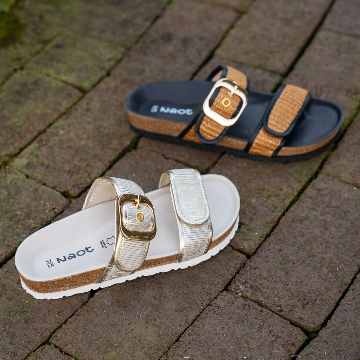 NAOT Nashville Sandal in Platinum and Black Raffia, Sandals, Yaleet, Plum Bottom
