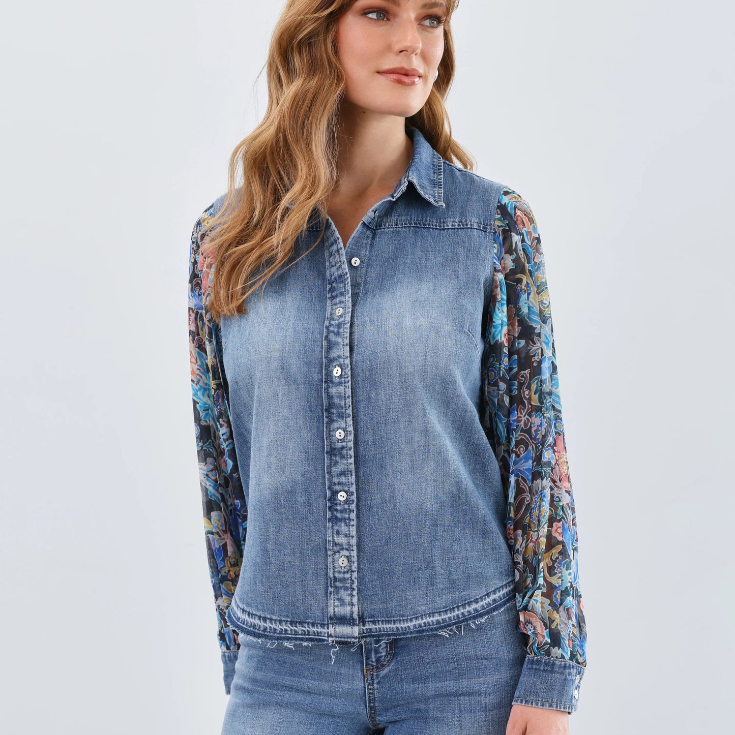 French Dressing Jeans - Pleated Sleeve Chambray Shirt - Watercolor Damask