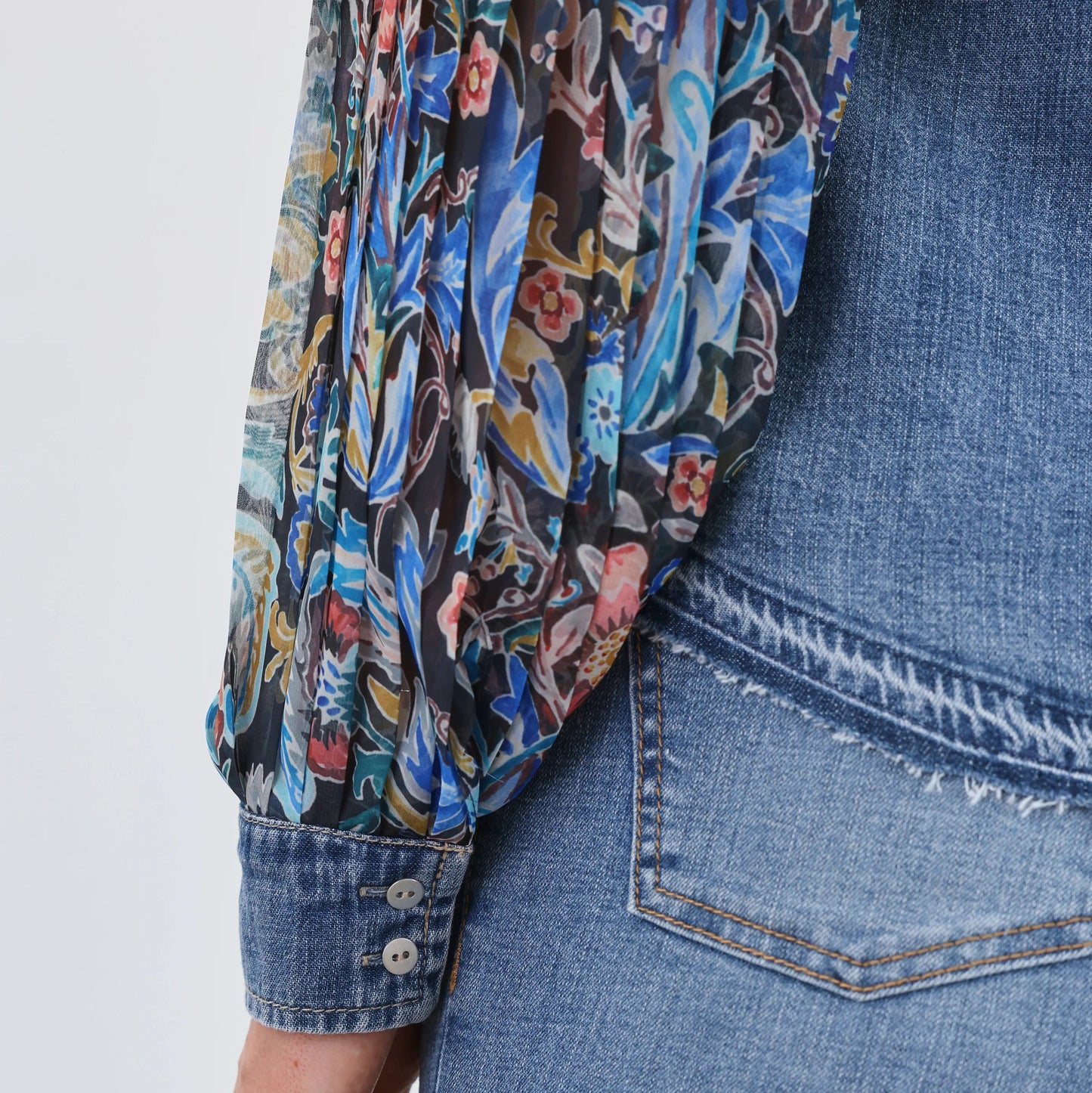 French Dressing Jeans - Pleated Sleeve Chambray Shirt - Watercolor Damask