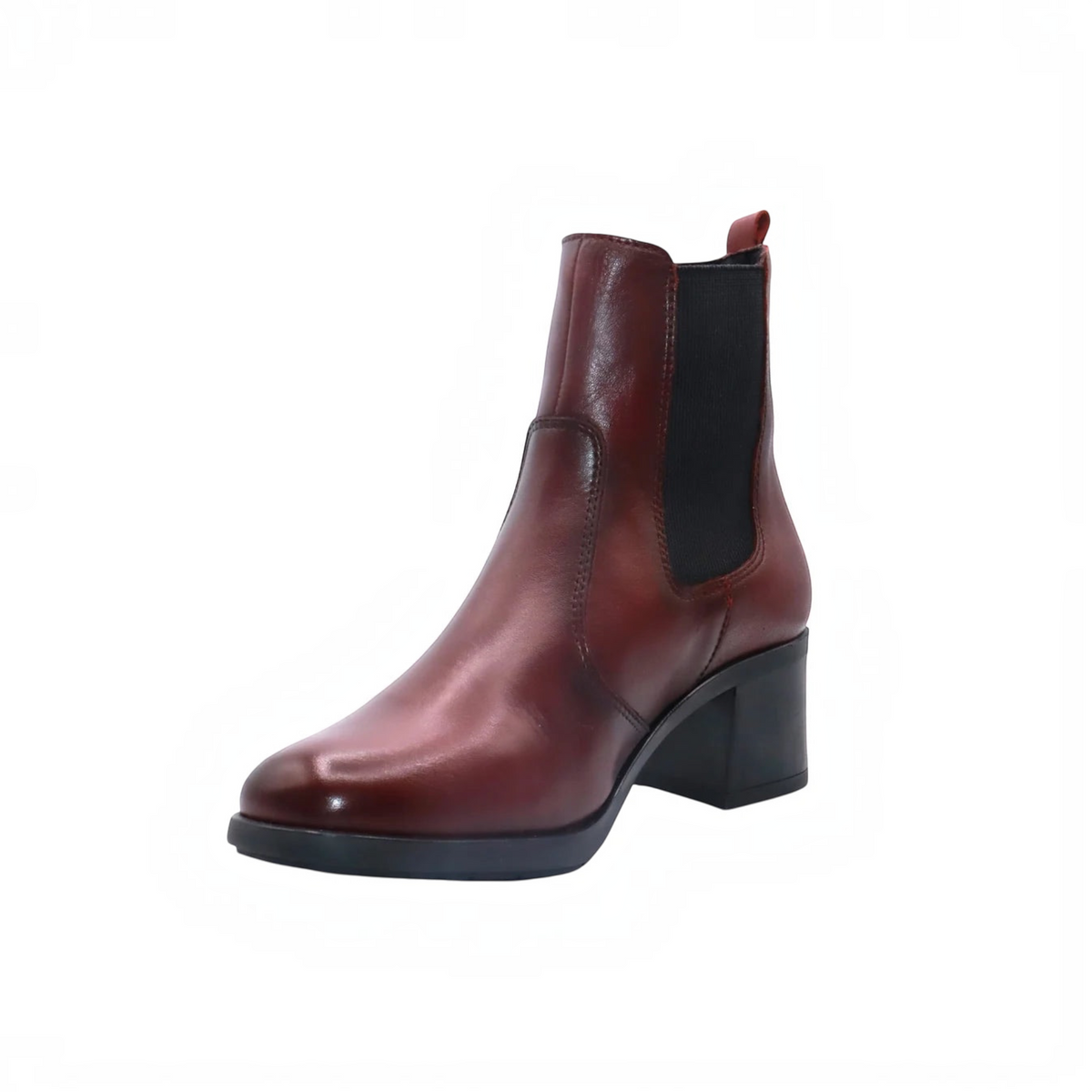 Plum Bottom Eric Michael Betsy burgundy leather Chelsea boot with a comfortable block heel and pull-on side panels.