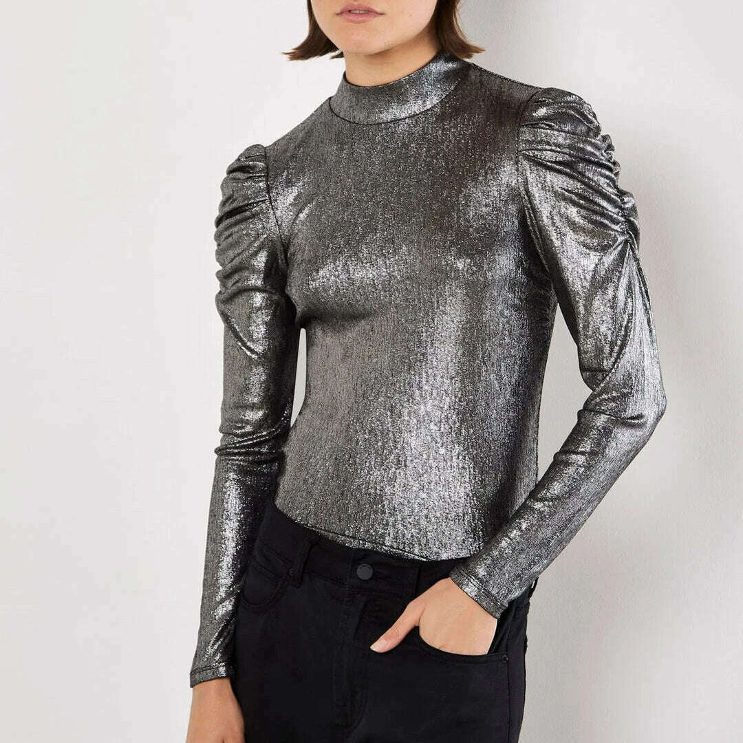 Apricot - Puffy Sleeve Metallic Shirt - Gold, CLOTHING, APRICOT, Plum Bottom
