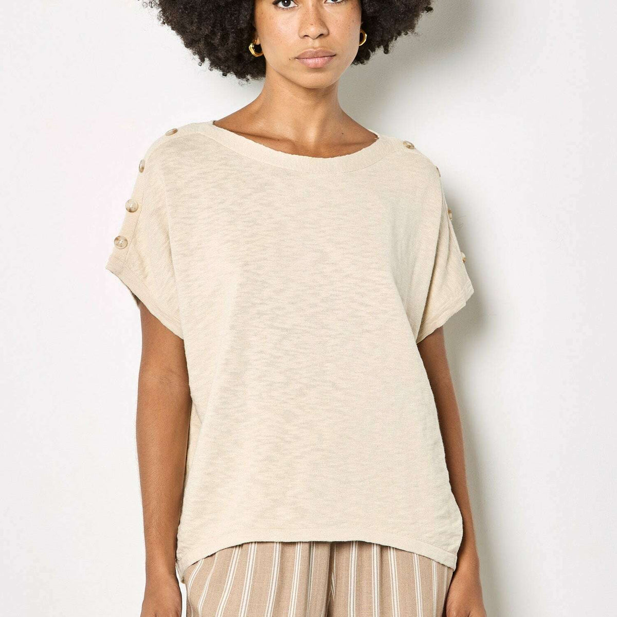 APRICOT Button Detail Boat Neck Slub Tee