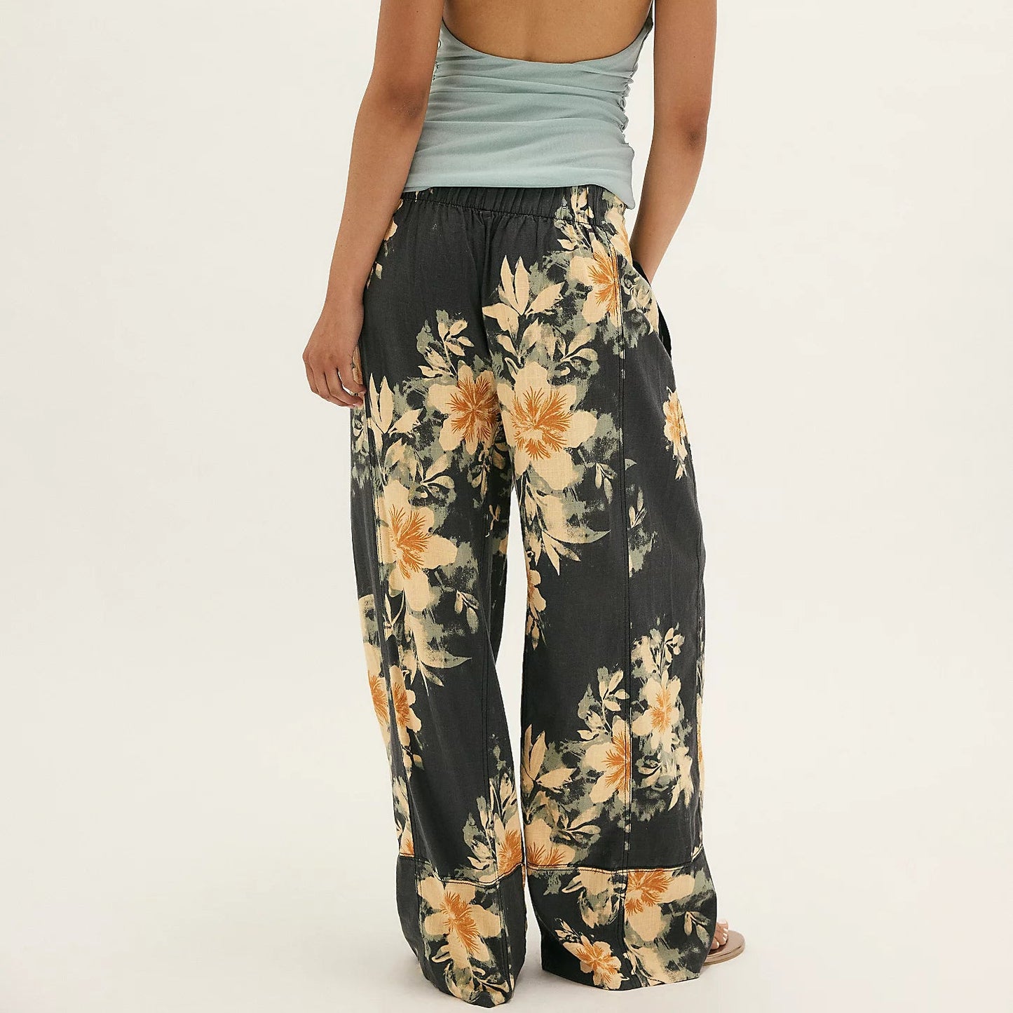 FREE PEOPLE - Day's End Linen Printed Pull-On Pant - Washed Black Combo Floral