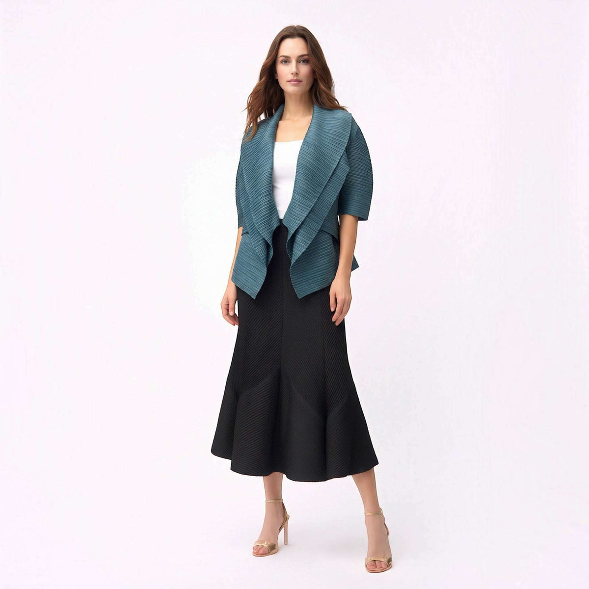 Plum Bottom Ellyndale teal blue pleated kimono jacket with open-front design