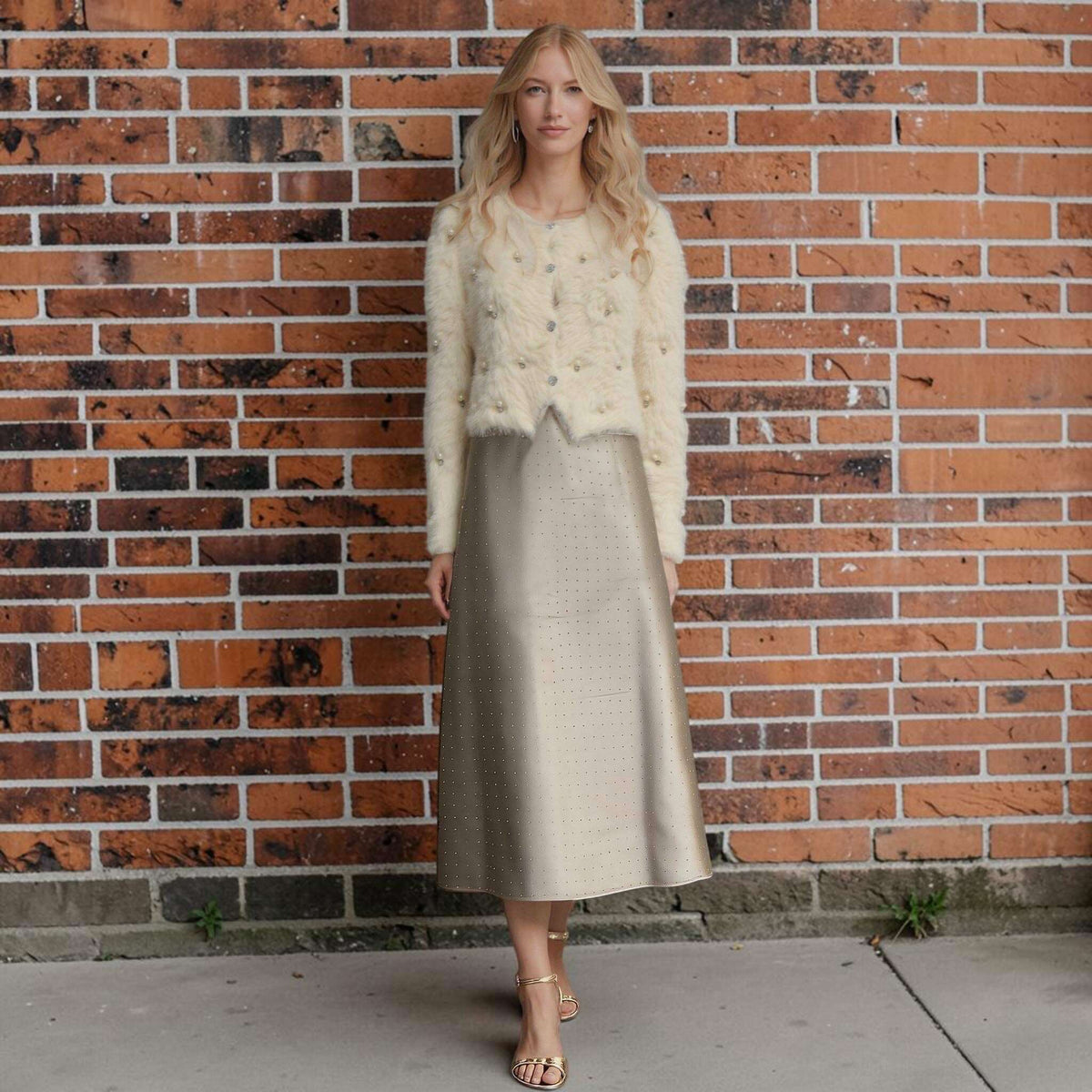 Plum Bottom ELLYNDALE fluffy cream bolero with diamond and pearl embellishments worn over a metallic midi skirt