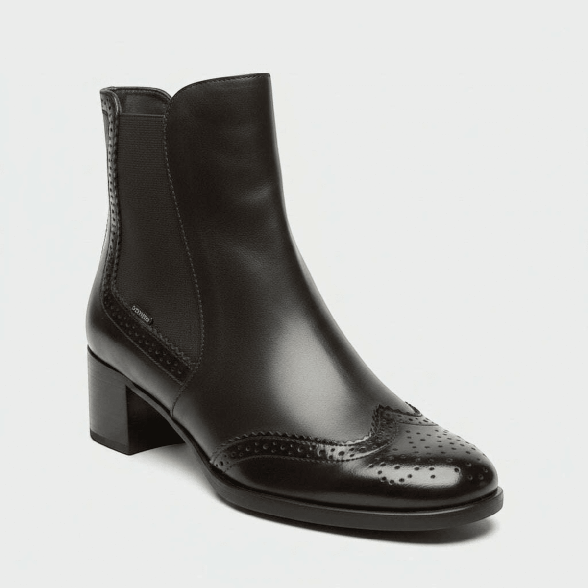 Plum Bottom FLUCHOS Ikia D9368 dark brown leather brogue ankle boot with a mid block heel and elastic side panel