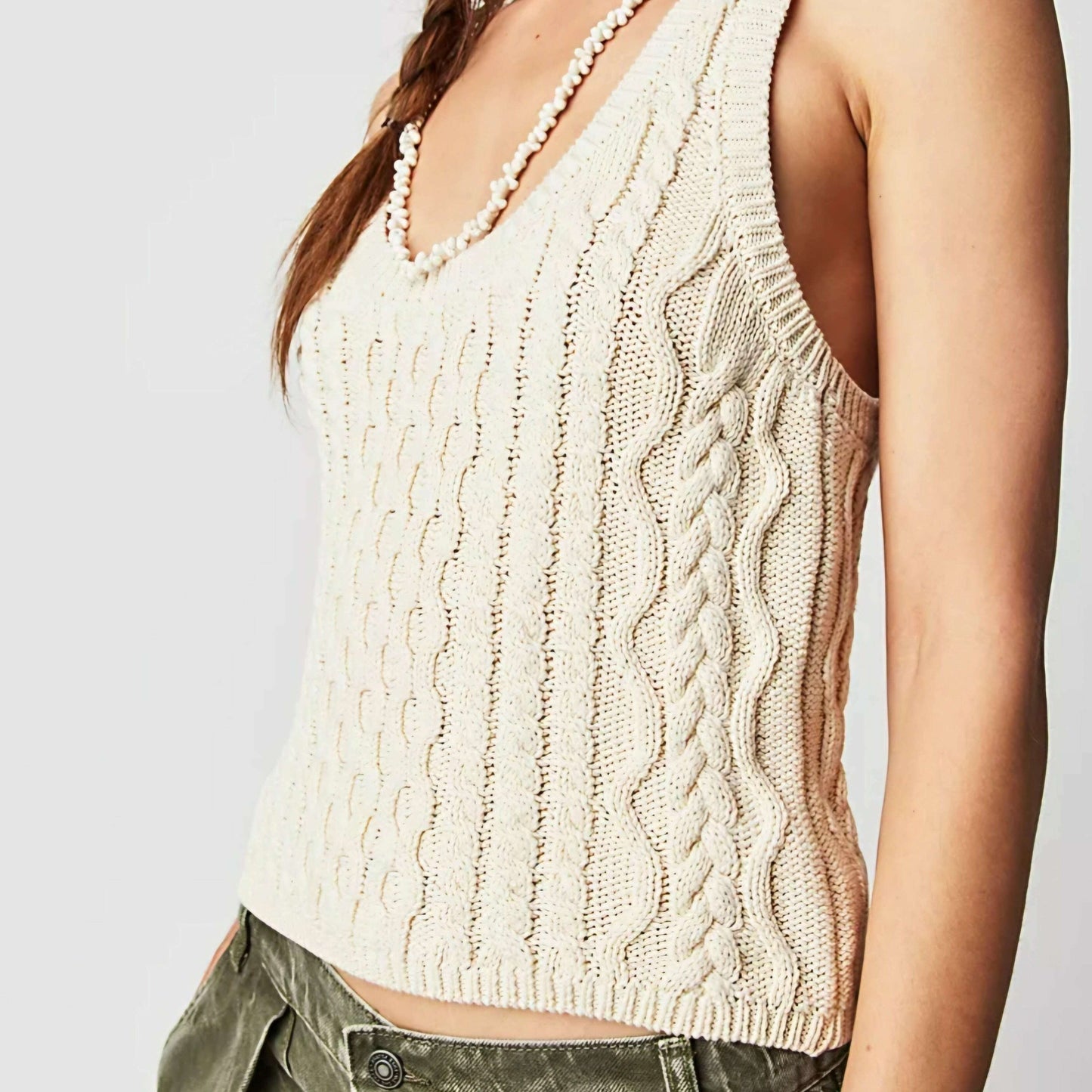 Free People - CABLE KNIT Sleeveless Knit - Beige, CLOTHING, Free People, Plum Bottom