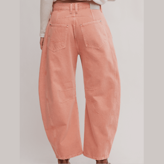 Plum Bottom Free People Good Luck mid-rise barrel jeans in desert petal pink with a relaxed slouchy fit and seam detail