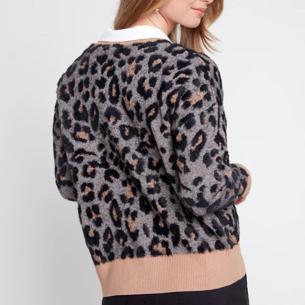 RENUAR Animal Print Jacquard Knit Cardigan