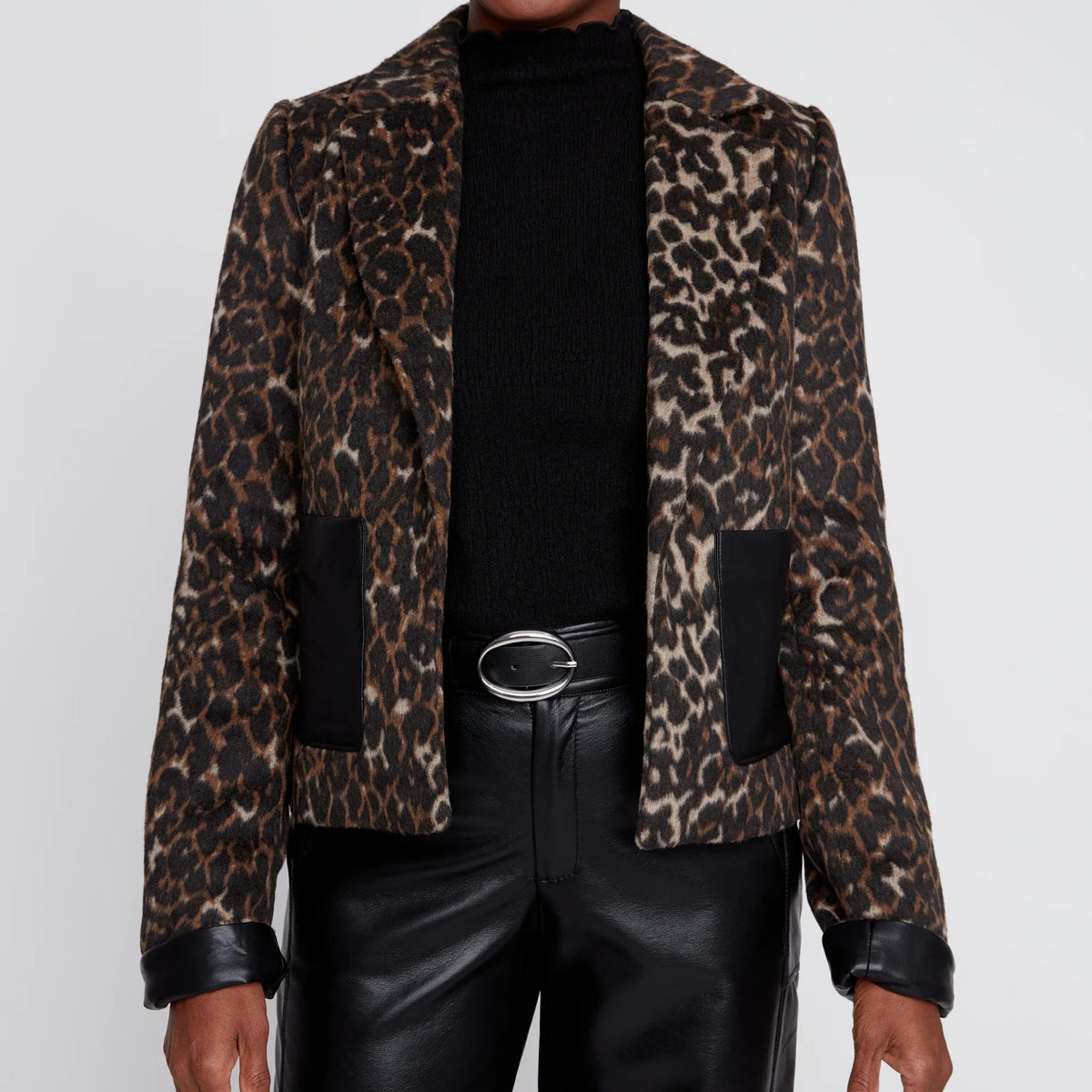 RENUAR Jacquard Brushed Knit Jacket with Faux Leather Pockets