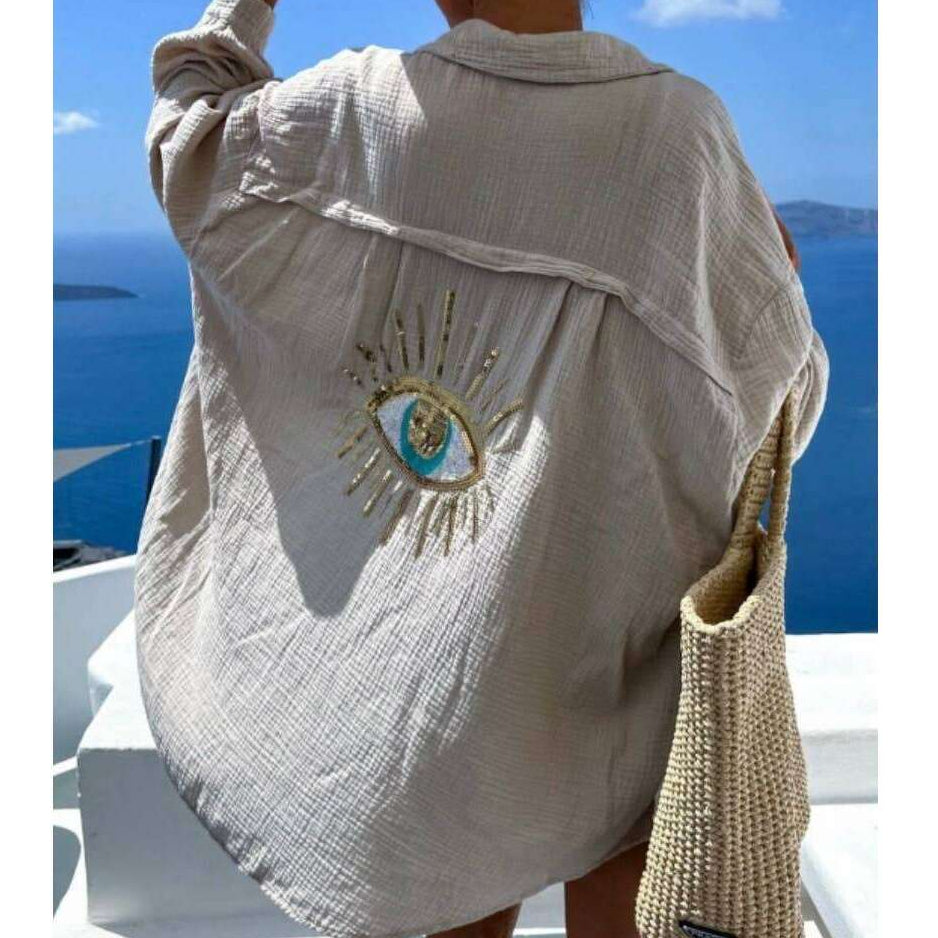 LOOWIE - E2 Beige Oversized Evil Eye Gauze Cotton Button Shirt, Shirts, LOOWIE, Plum Bottom