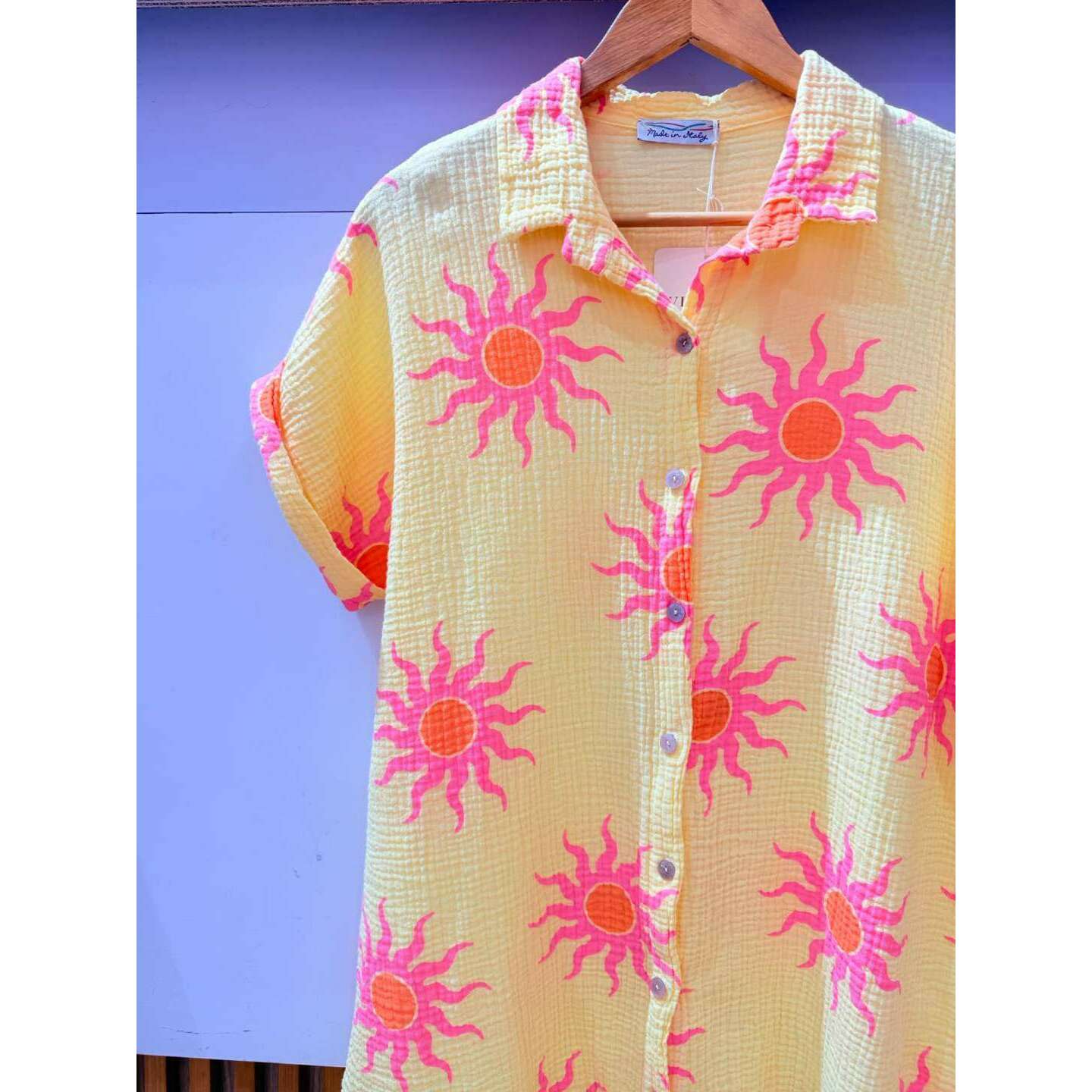 LOOWIE - IVT260714YL Cotton Sun Print Shirt Dress Yellow, Dresses, LOOWIE, Plum Bottom