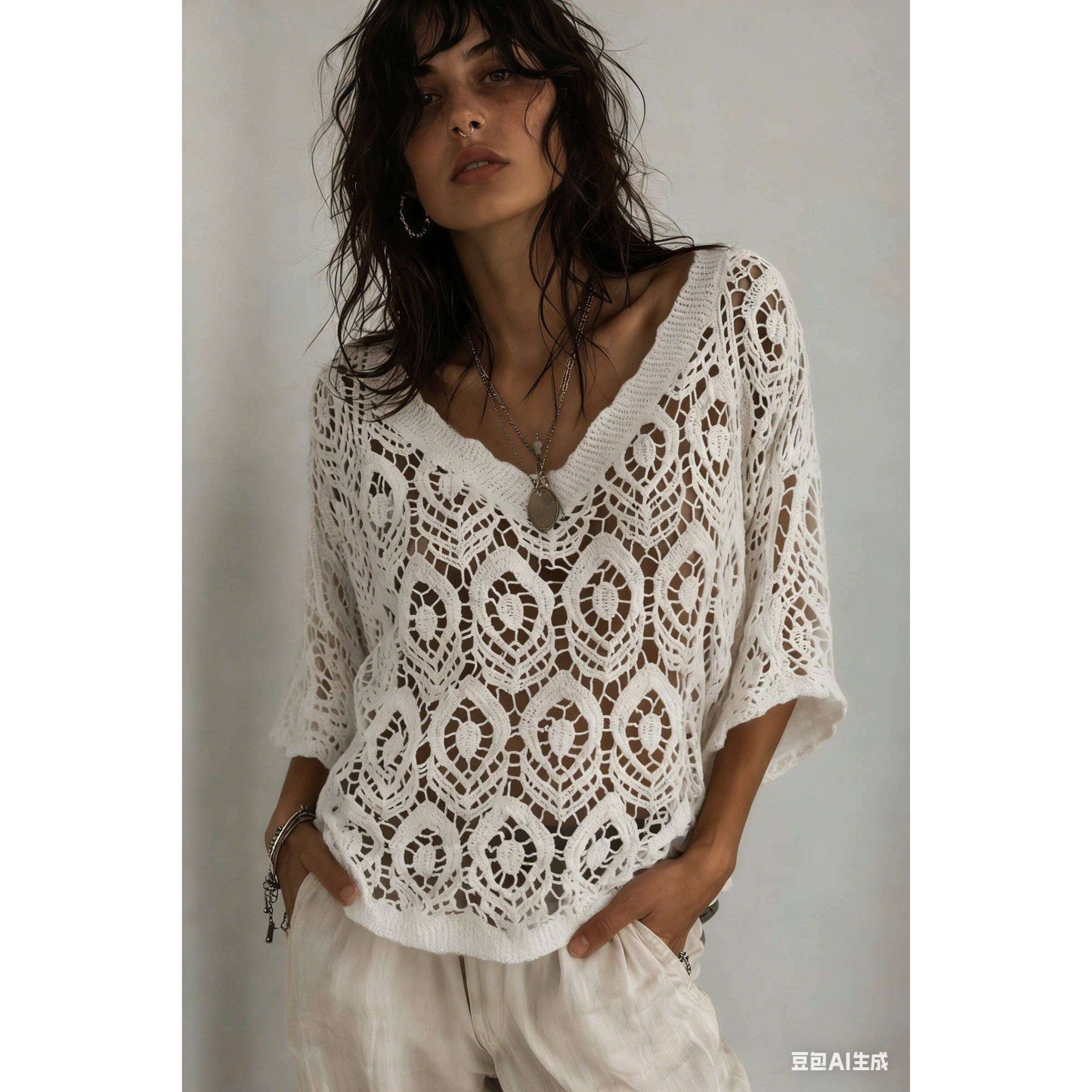 LOOWIE - LUGVS Geo V-Neck Crochet Sweater Cotton One Size S/M: Ecru, Sweater, LOOWIE, Plum Bottom