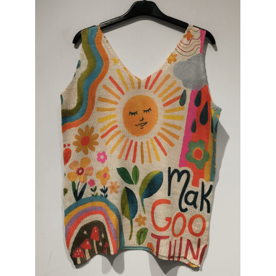 LOOWIE - POD17 Yellow Sunshine Knit Printed Sleeveless Sweater, Sweater, LOOWIE, Plum Bottom