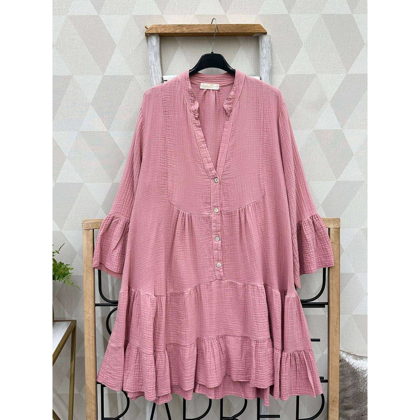 LOOWIE - SWPI Pink Gauze Cotton Italian Short Dress 3/4 Sleeves, Dresses, LOOWIE, Plum Bottom