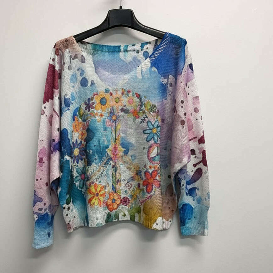 LOOWIE - VISPEACEF Italian OS Floral Peace Sign Print Knit Sweater, Sweater, LOOWIE, Plum Bottom