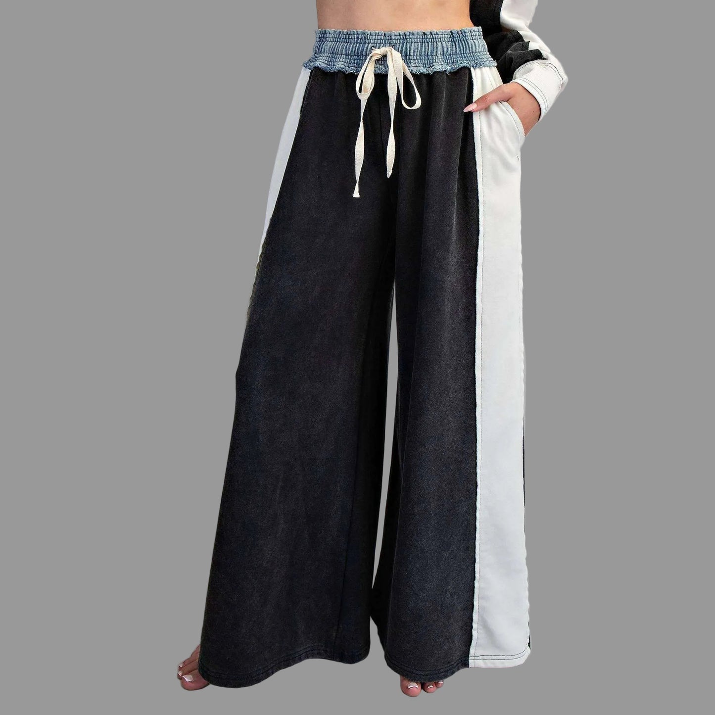 PEACE LOVE LINE Color Block Denim Drawstring Pants, CLOTHING, Peace Love Line, Plum Bottom