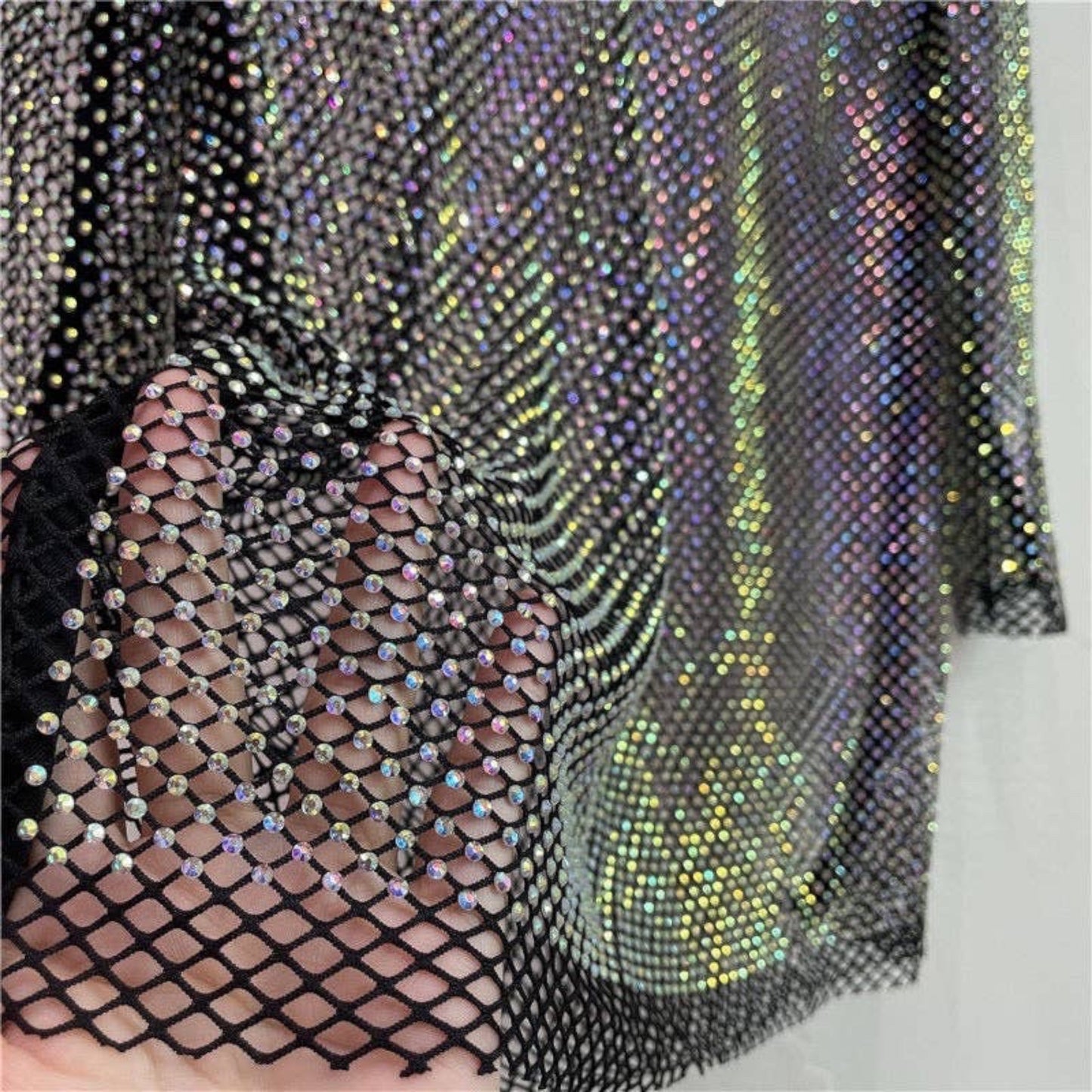 Plum Bottom Ellyndale black diamond mesh long sleeve top with iridescent rhinestone embellishments