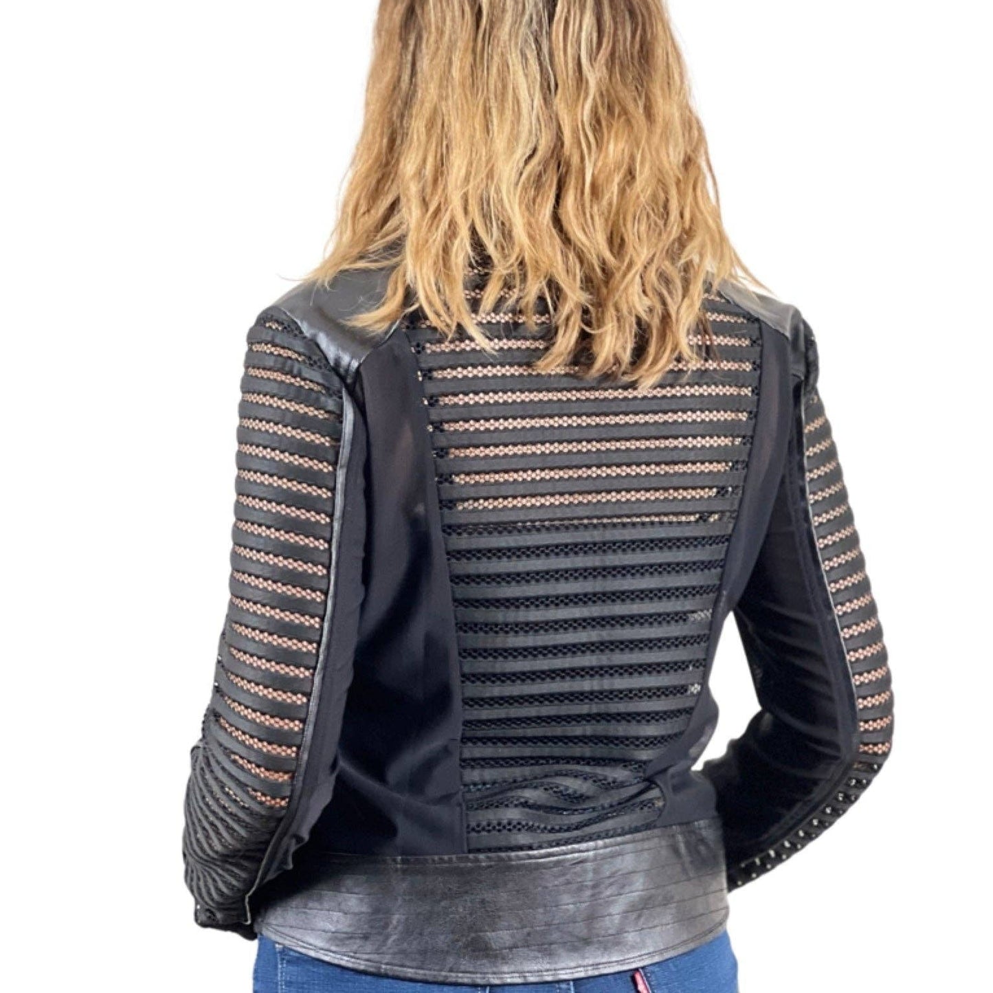 Plum Bottom ELLYNDALE Shadow Jacket featuring black faux leather panels and breathable mesh stripes from the back view.