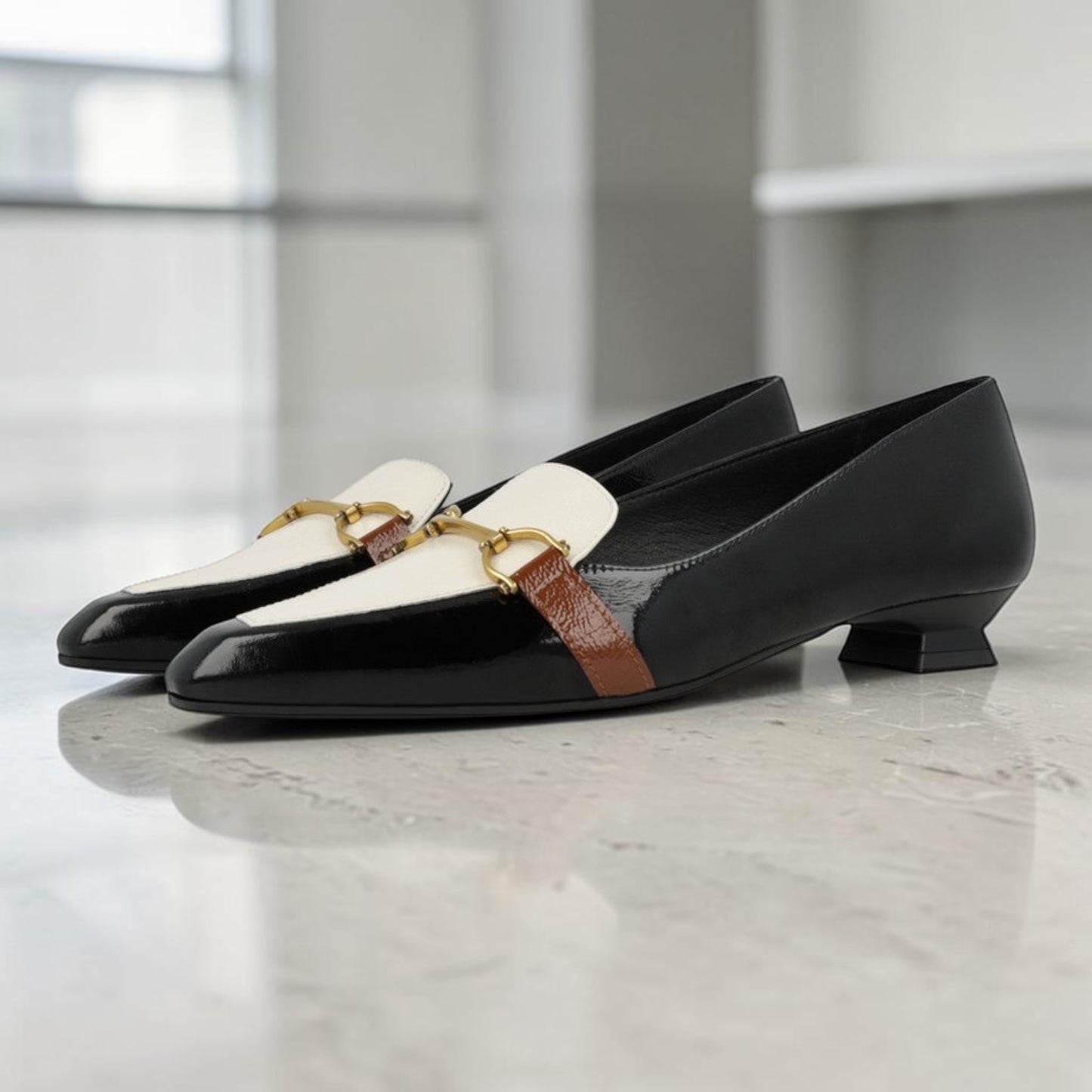Plum Bottom LODI Bed 5530 black and white patent leather low heel pumps with metallic hardware detail