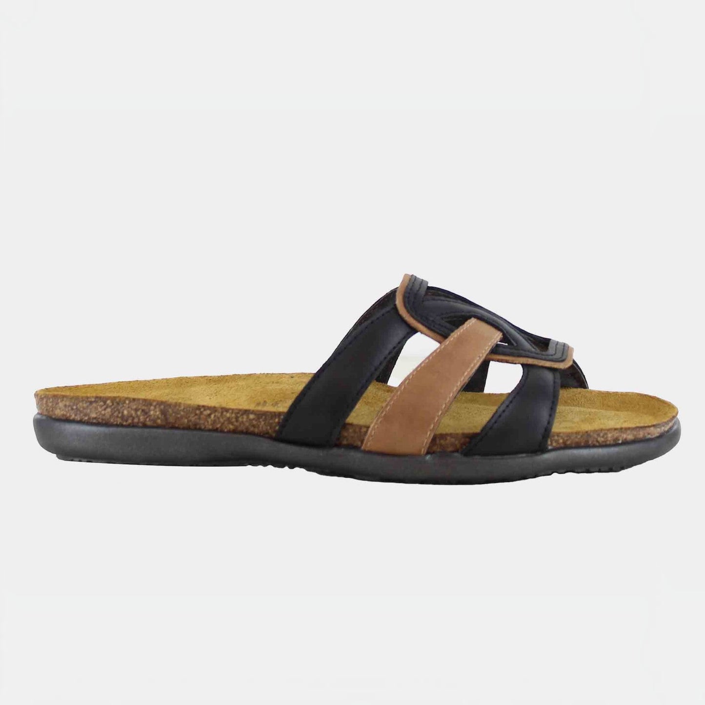 Plum Bottom NAOT Liv slide sandal in brown and black leather with an anatomically supportive cork and latex footbed.