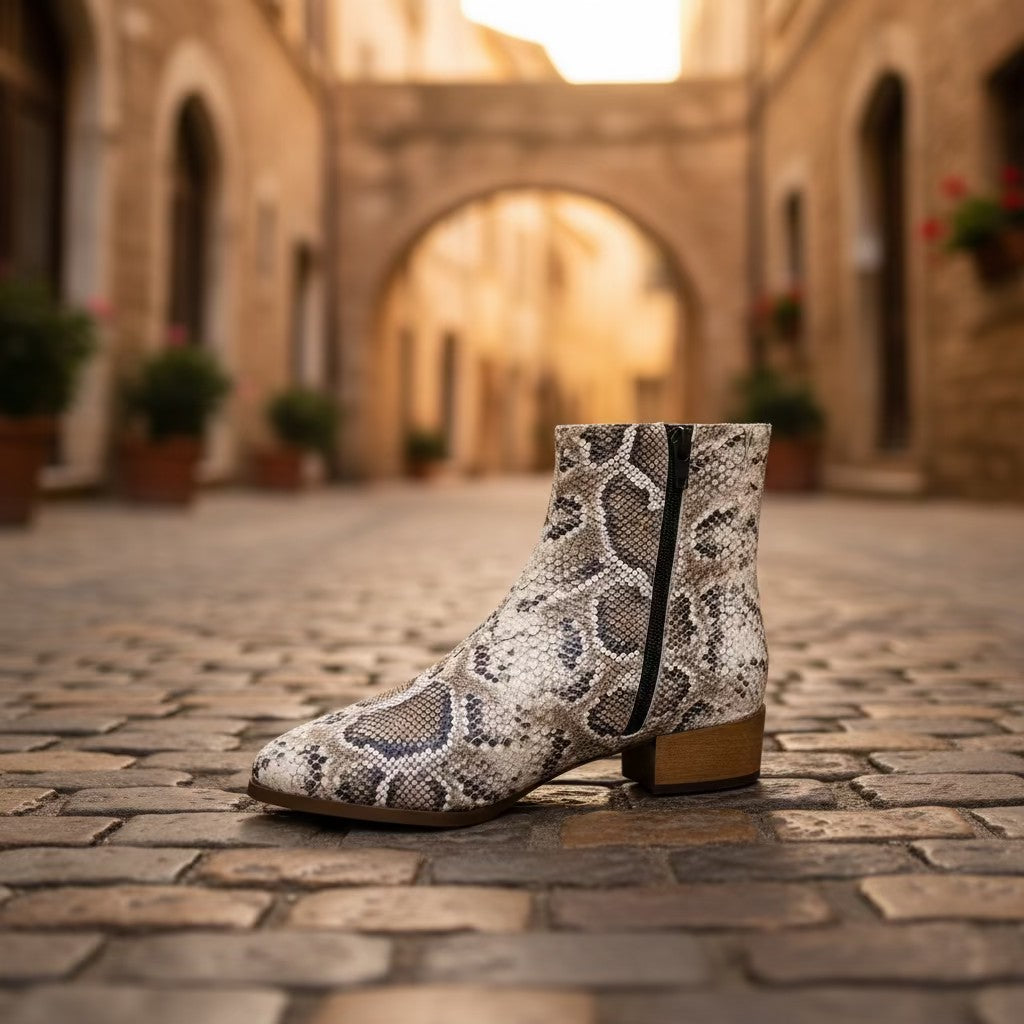 A snakeskin-patterned ankle boot with a low block heel.