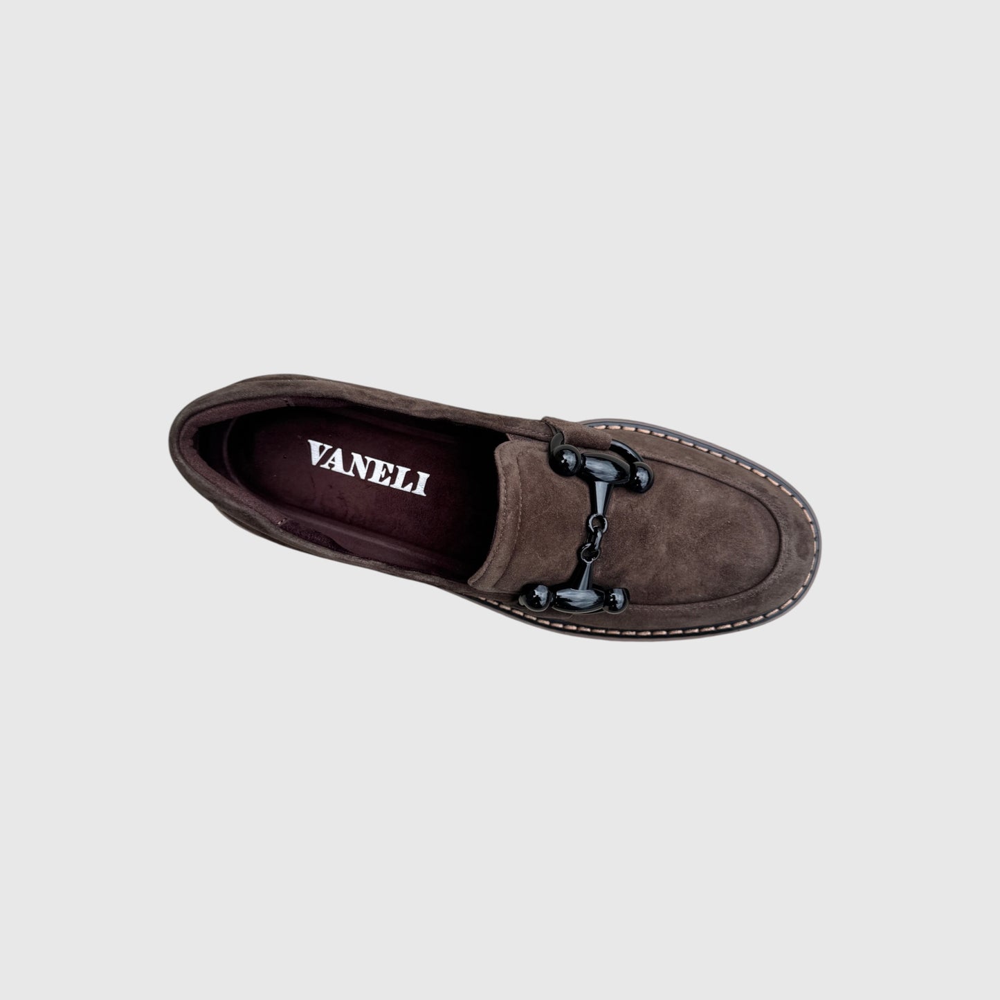 Plum Bottom Vaneli Zimmy black suede loafer with a shiny metal bit detail and contrast welt stitching