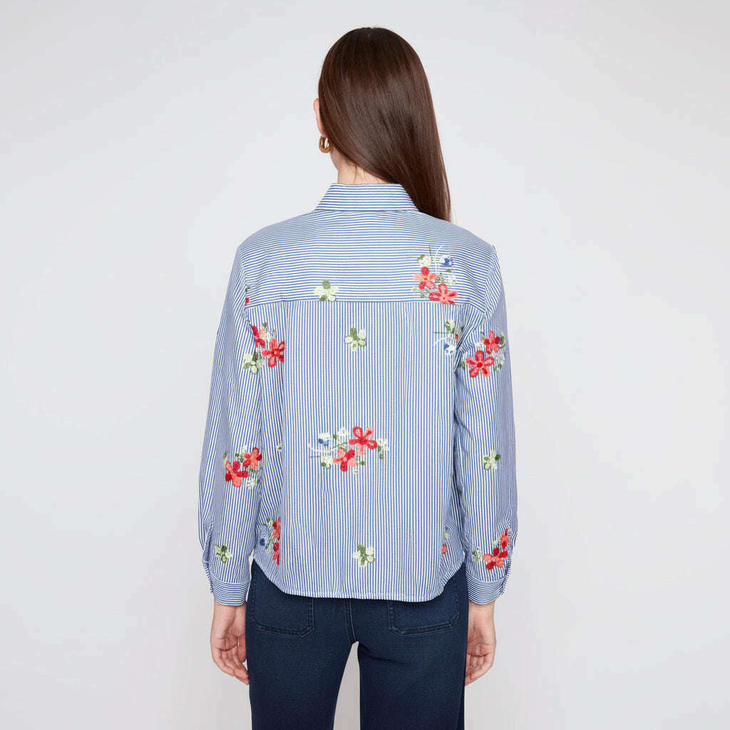 RENUAR Blue Striped Blouse With Flower Embroidery