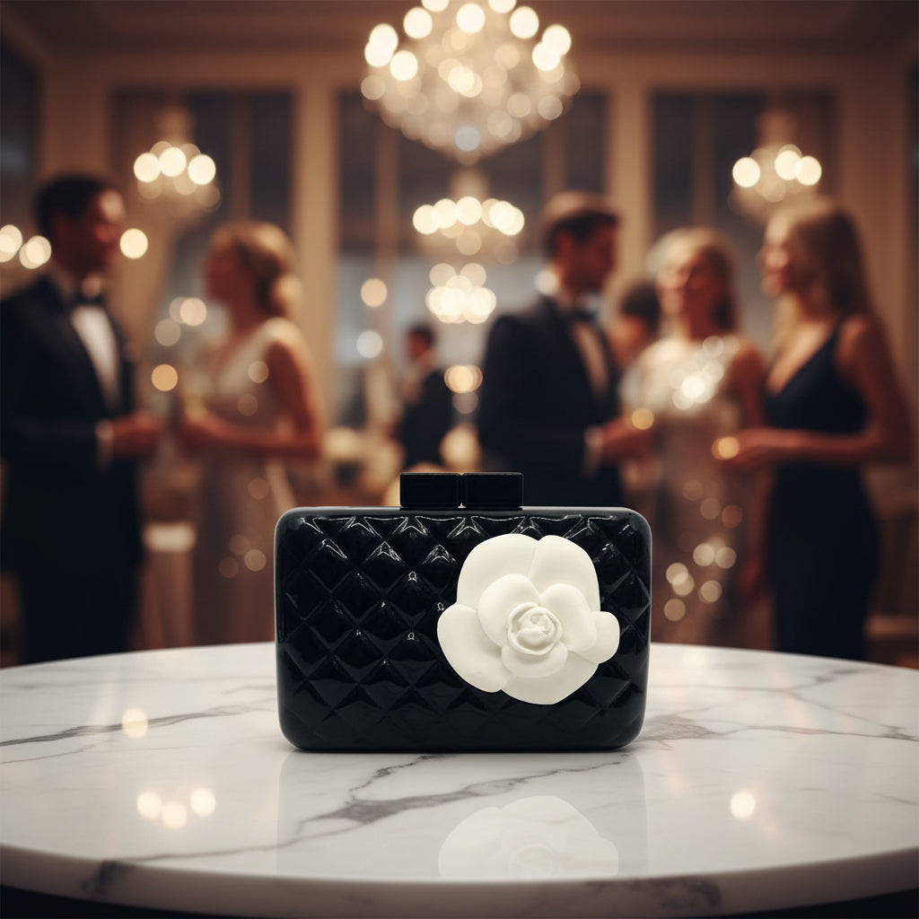 SEA LILY Black Quilted/White Rose Hard Clutch, HANDBAGS, Sea Lily, Plum Bottom