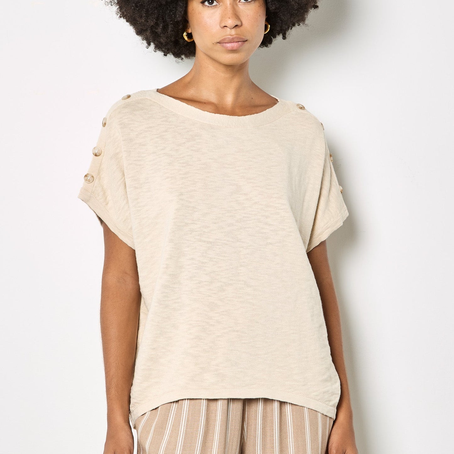 APRICOT Button Detail Boat Neck Slub Tee