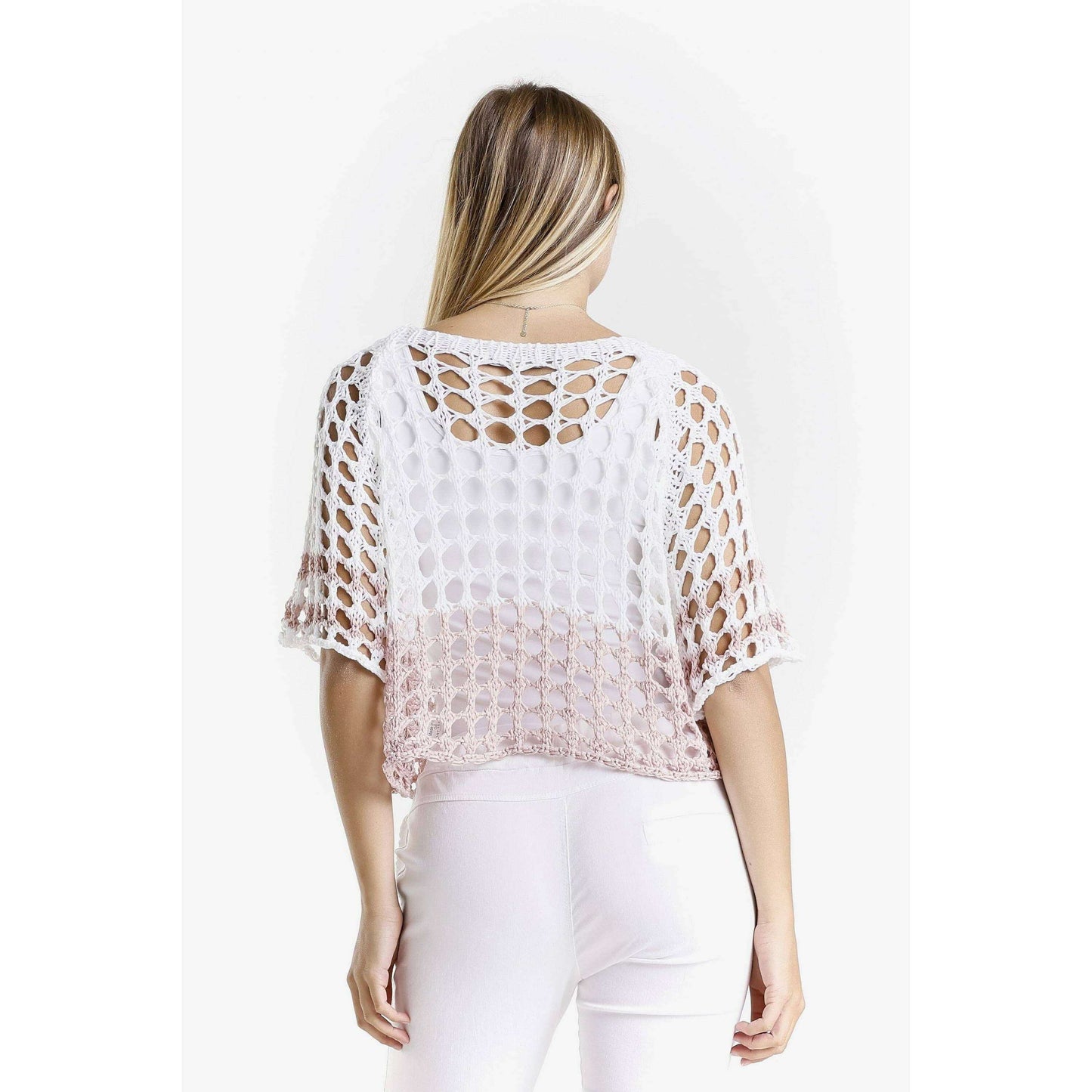 TINA STEPHENS ITALY Doris Banded Ballet Sleeve 2-Tone Knit Sweater Blush/White, CLOTHING, TINA Stephens Italy/Tees By Tina, Plum Bottom