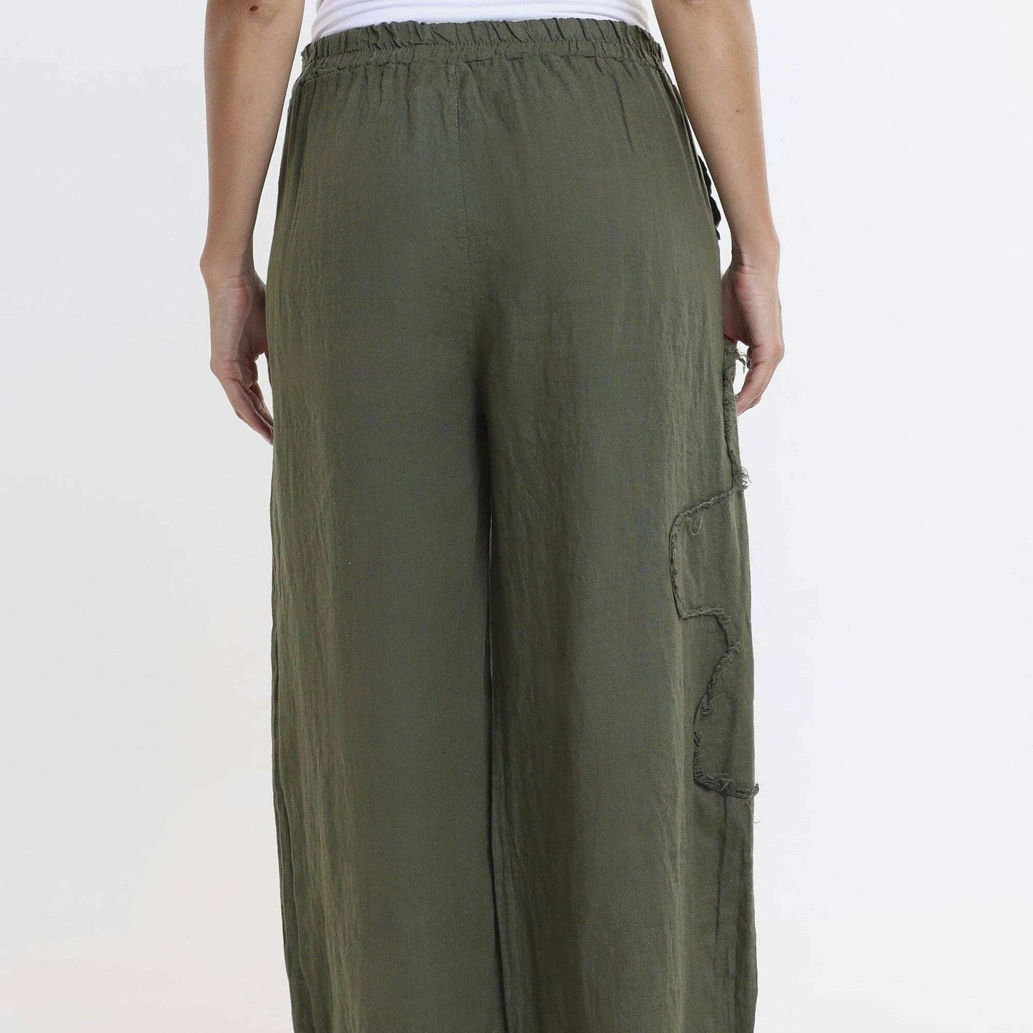 TINA STEPHENS ITALY Flower Yvette Raw Edge Linen Pant Army, Pants, TINA Stephens Italy/Tees By Tina, Plum Bottom