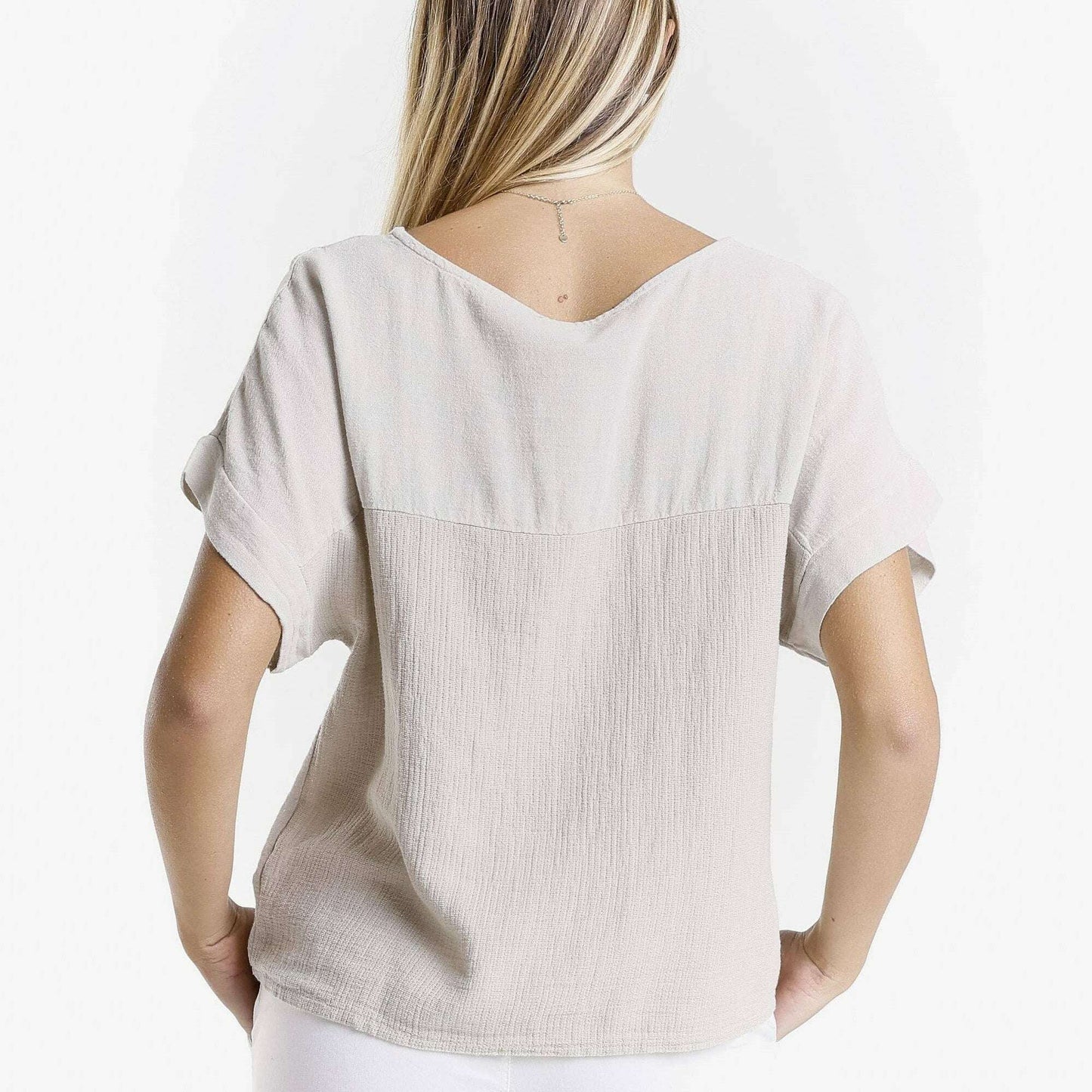 TINA STEPHENS ITALY Gianna Short Sleeve Yoke Neck Top Stone, CLOTHING, TINA Stephens Italy/Tees By Tina, Plum Bottom