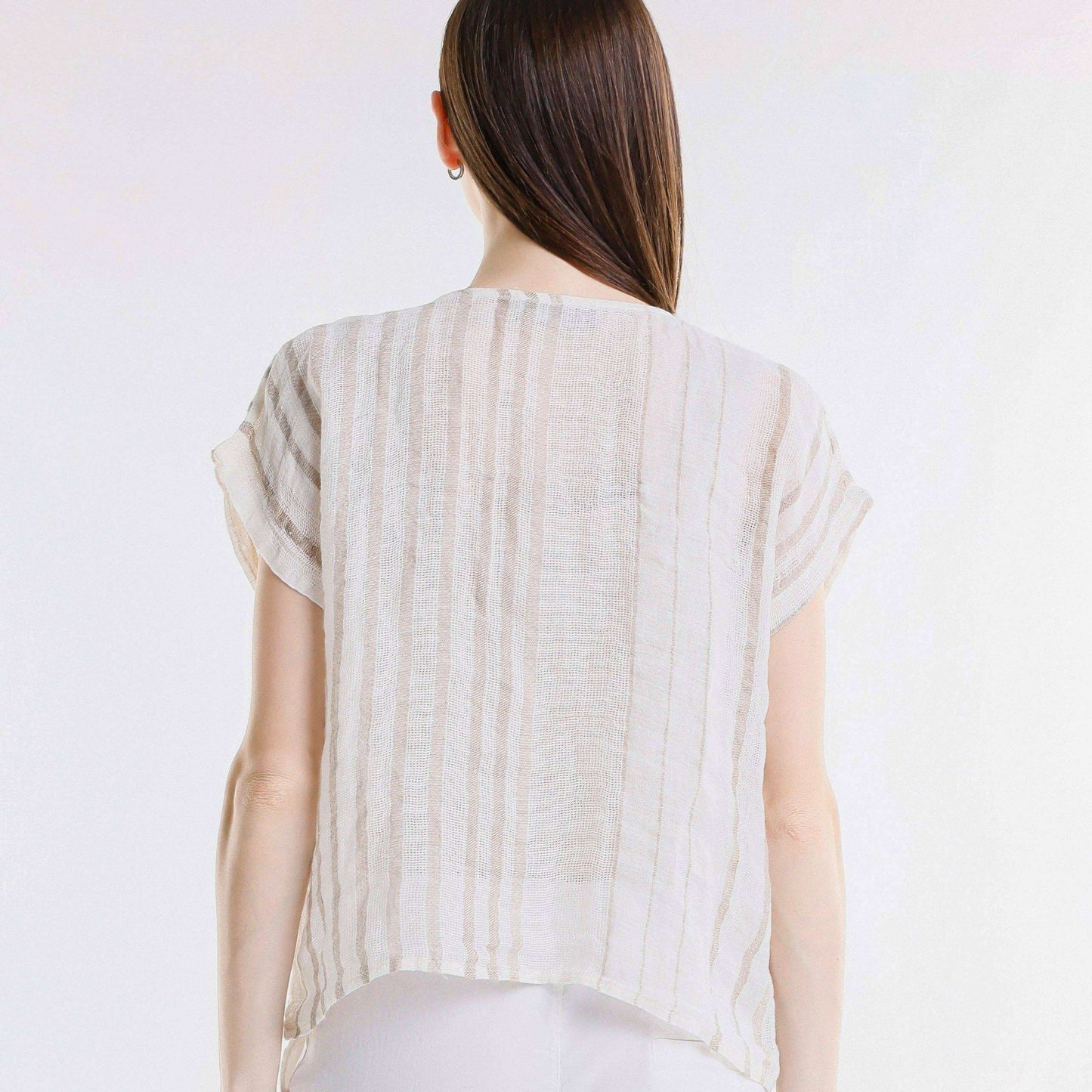 TINA STEPHENS ITALY Heidi Short Sleeve Specialty Linen Striped Top Natural w/ Beige, CLOTHING, TINA Stephens Italy/Tees By Tina, Plum Bottom