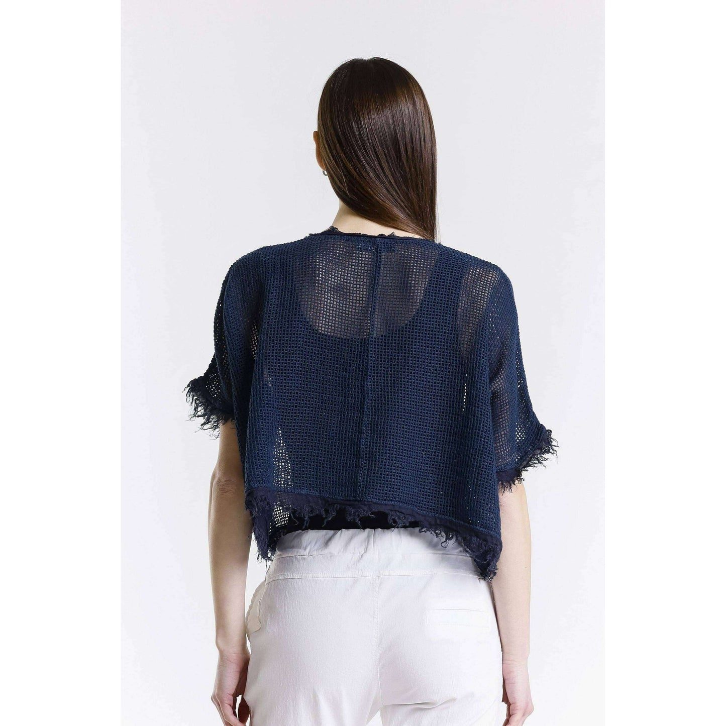 TINA Stephens Italy/Tees By Tina Yvonne Short Sleeve Linen Fringe Top Navy, CLOTHING, TINA Stephens Italy/Tees By Tina, Plum Bottom