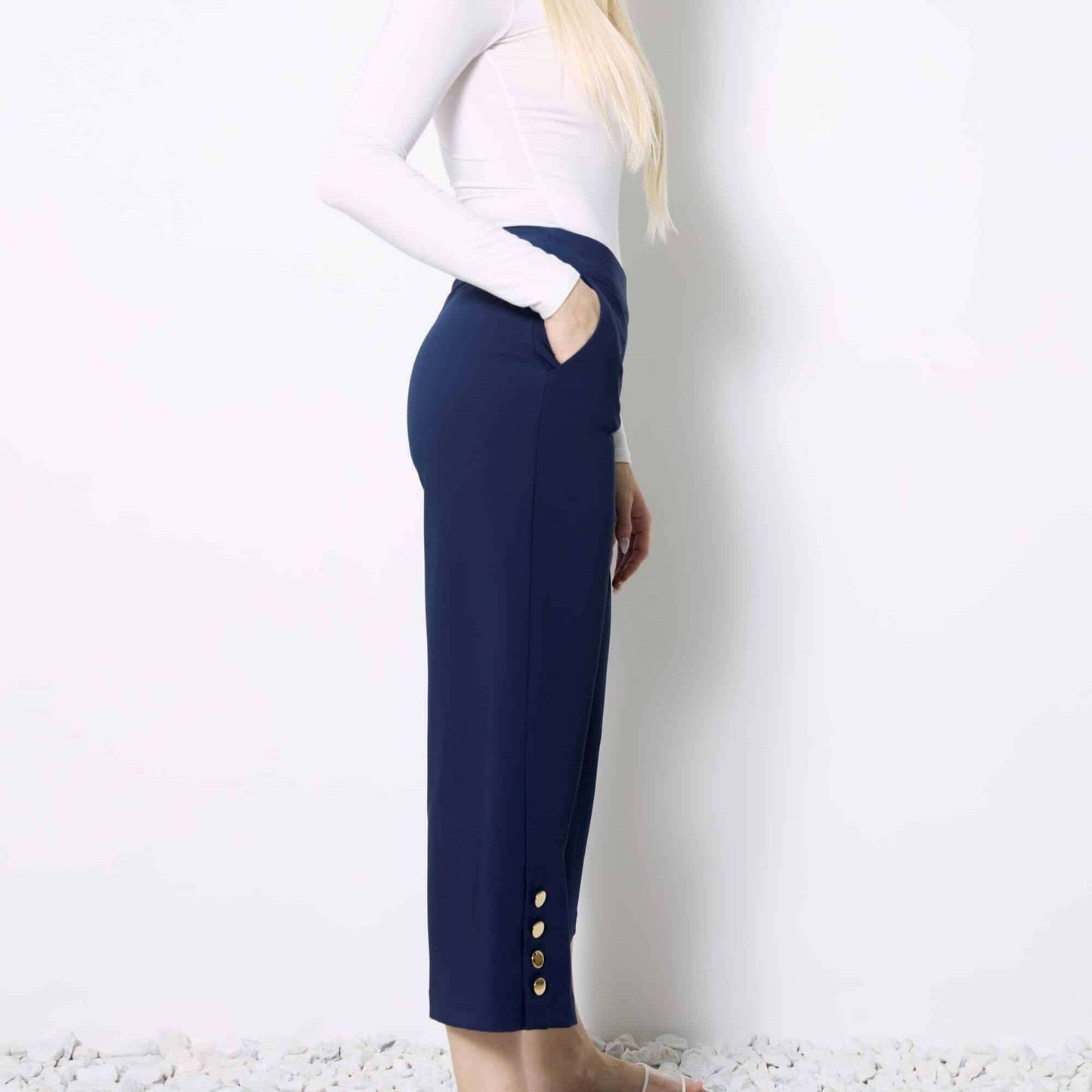 UP! - Solid Amalfi Wide Leg Cropped Pant - Navy, Pants, up!, Plum Bottom