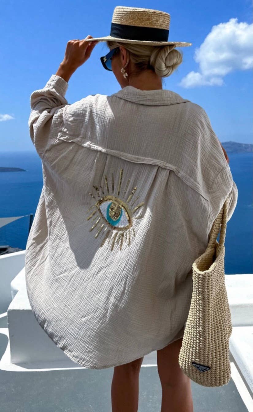 [LOOWIE - E2 Beige Oversized Evil Eye Gauze Cotton  Button Shirt], [Shirts], [LOOWIE], [Plum Bottom].