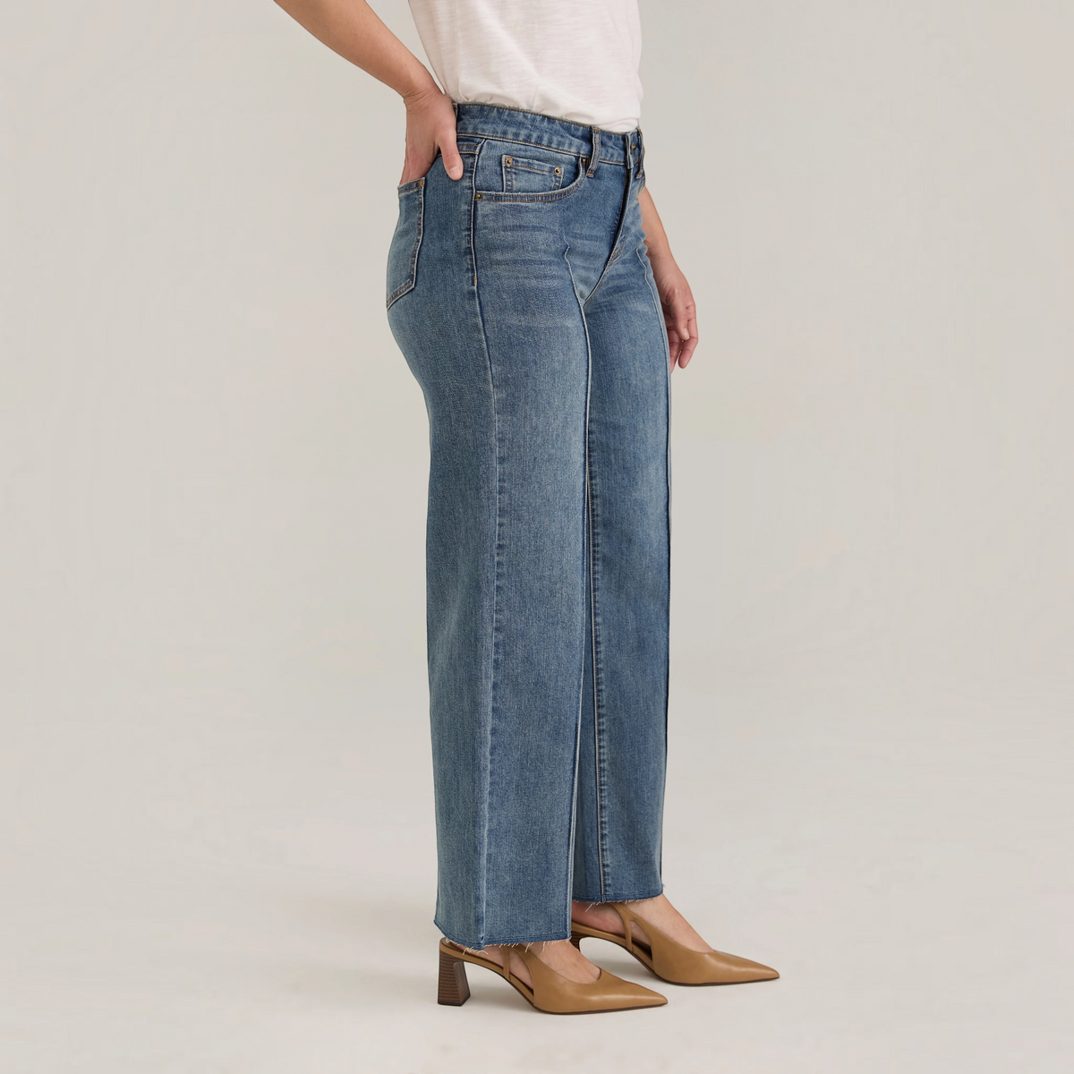Plum Bottom FDJ Olivia wide ankle jeans in medium wash denim with a raw hem and front seam detail