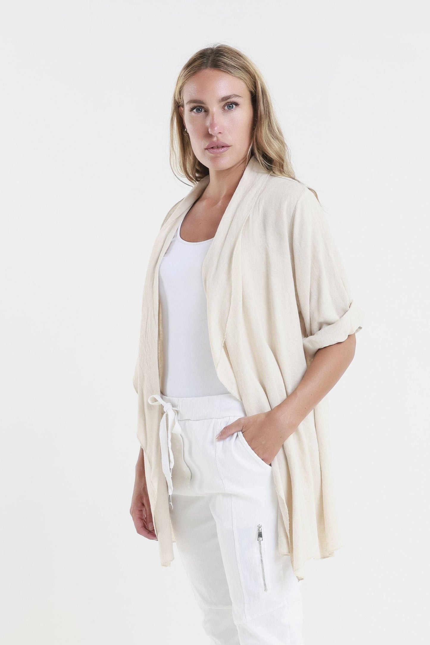 TINA Stephens Italy/Tees By Tina - Olivette Gauzy Linen Blend Open Cardigan (CQ102): 250 Beige / One Size