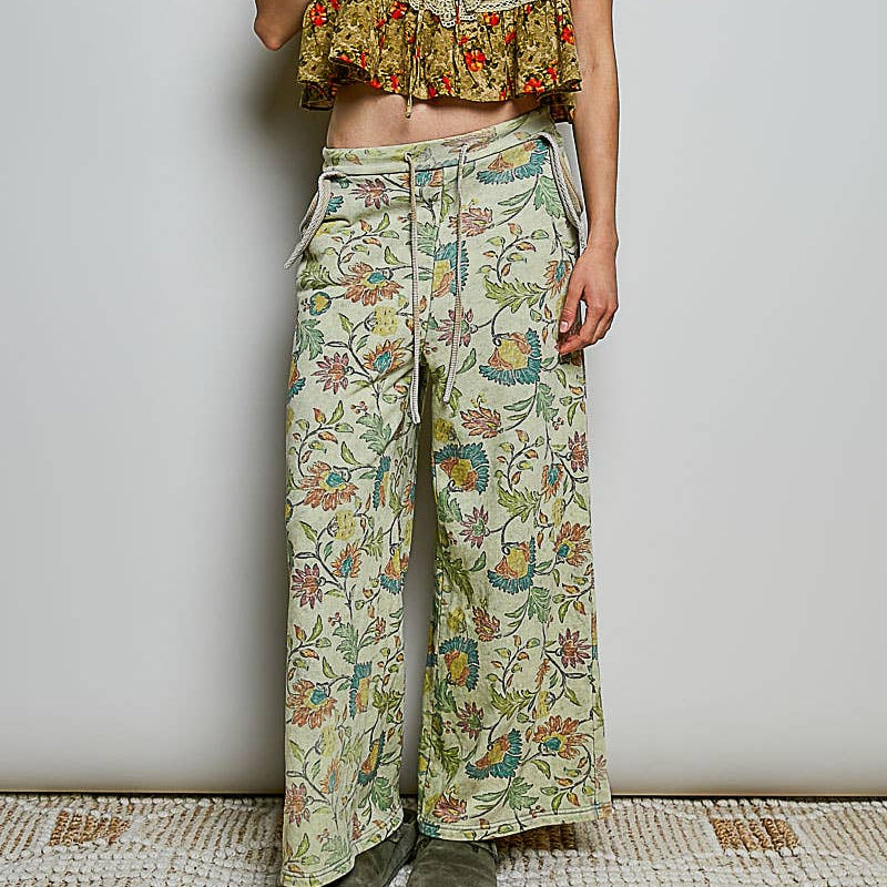 [Pol Clothing - Printed French Terry Lounge Adjustable Drawstring Pants: SAGE FLORAL / L], [Pants], [Pol Clothing], [Plum Bottom].