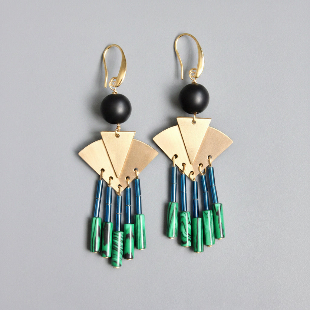 [David Aubrey Jewelry - NDNE26 Artdeco iris blue and malachite earrings], [Earrings], [David Aubrey Jewelry], [Plum Bottom].