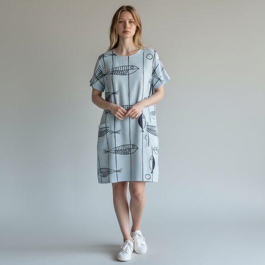 LOOWIE Fish Print Gauze Cotton Midi Dress Sky Blue