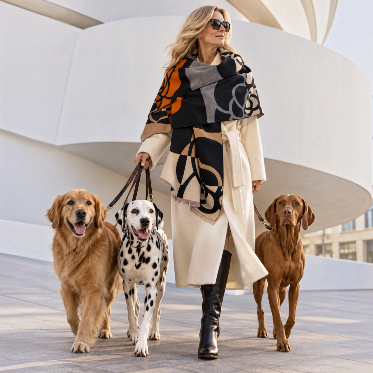 [Winding River - Orange / Black Geo Rose Reversible Wrap], [Scarf], [Winding River], [Plum Bottom].