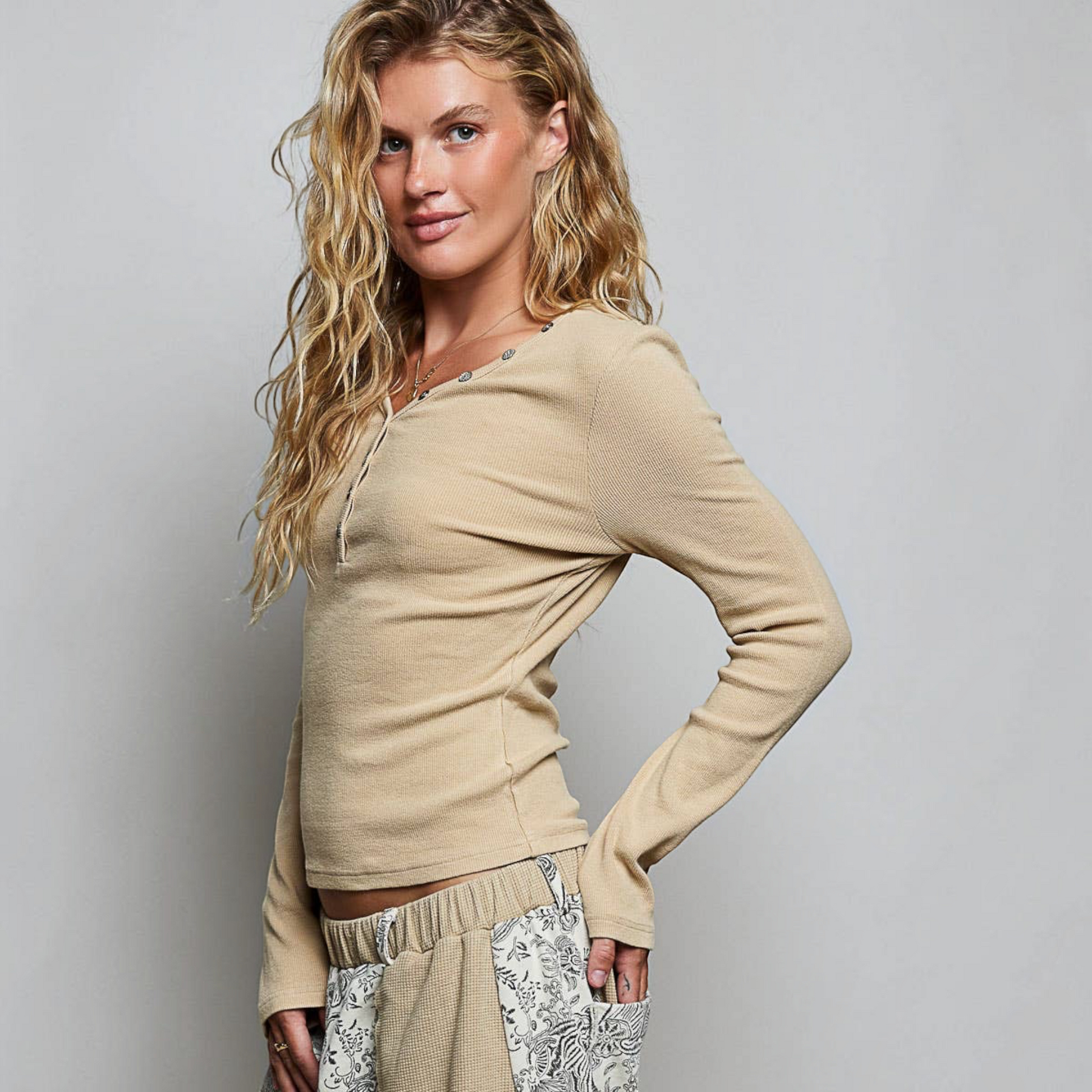 [Pol Clothing - Long Sleeve Novelty Button Wide V Neck Solid Knit Top: LATTE / L], [Tops], [Pol Clothing], [Plum Bottom].