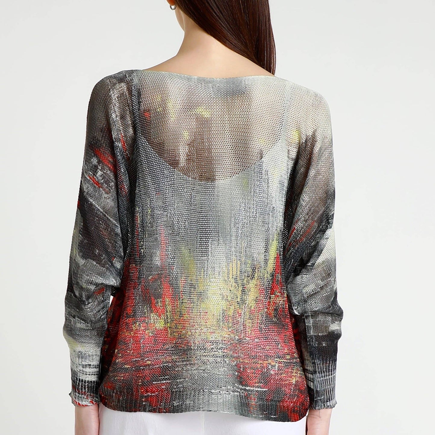 [TINA Stephens Italy/Tees By Tina - Abstract Danielle Batwing Open Knit Sweater (BLS424CT): 623 Red Multi / One Size], [Sweater], [TINA Stephens Italy/Tees By Tina], [Plum Bottom].