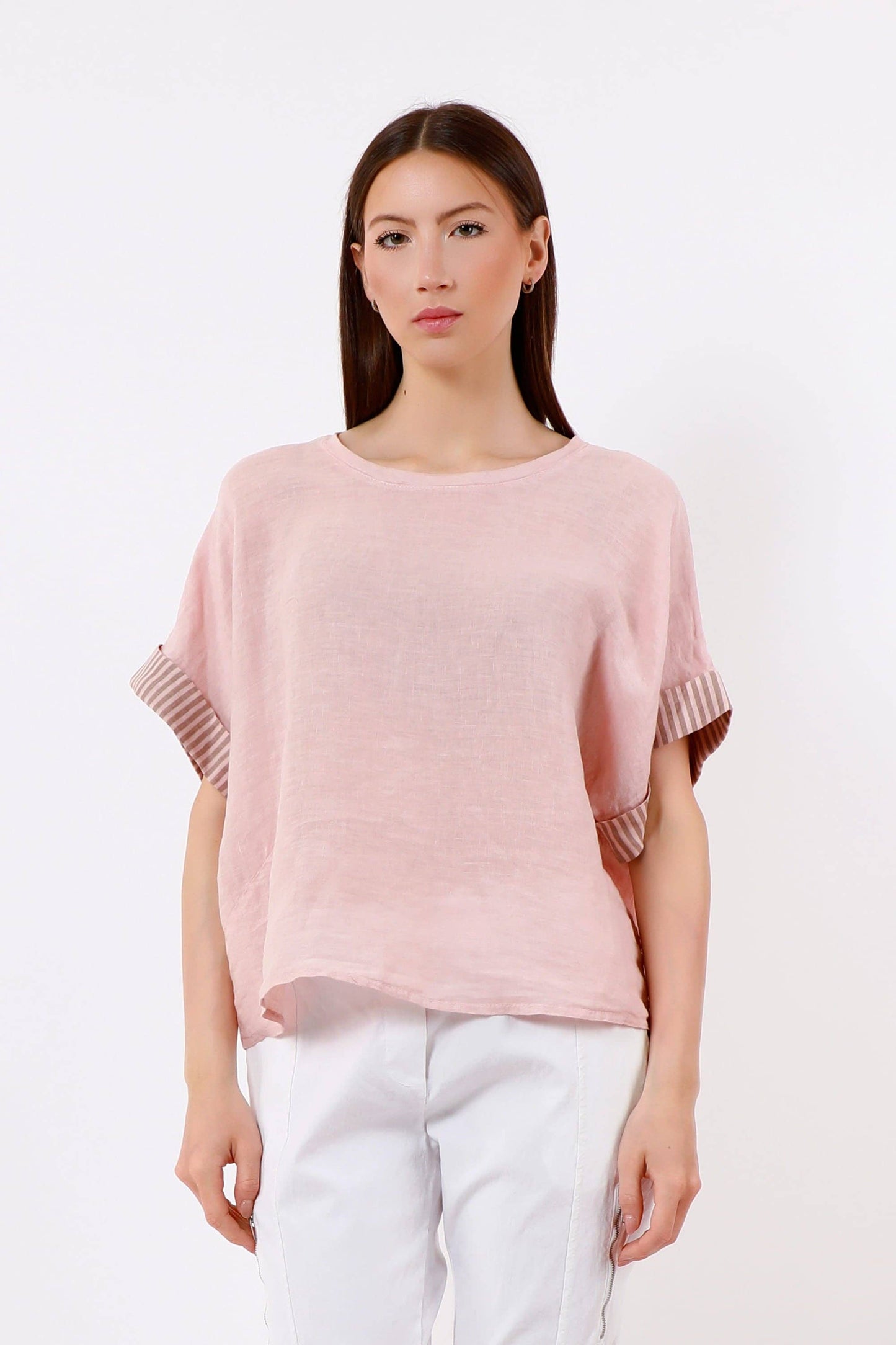 [TINA Stephens Italy/Tees By Tina - Brie Stripe Trim Short Sleeve Linen Top (BSS936PR): 286 Cashmere / One Size], [Tops], [TINA Stephens Italy/Tees By Tina], [Plum Bottom].