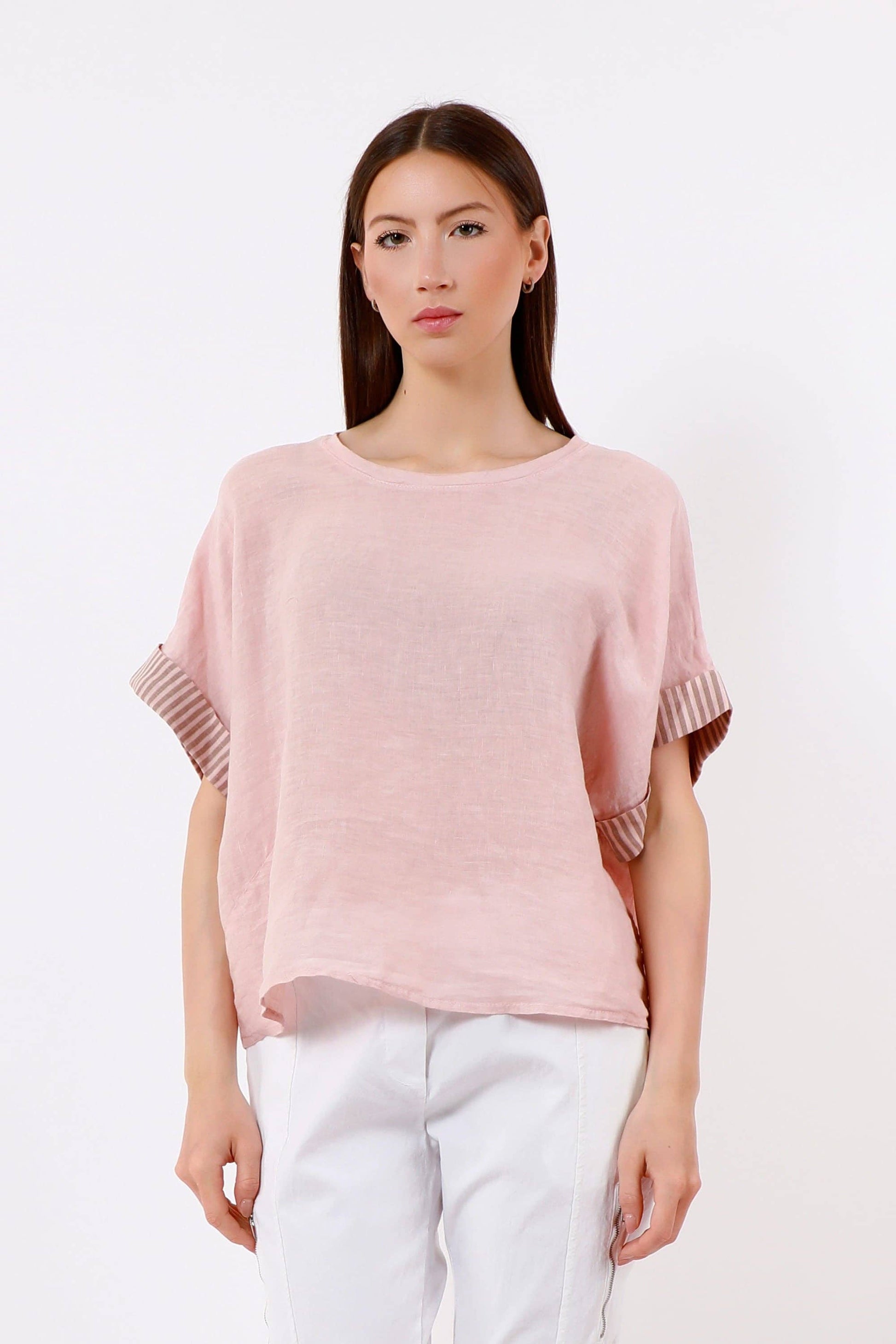 [TINA Stephens Italy/Tees By Tina - Brie Stripe Trim Short Sleeve Linen Top (BSS936PR): 286 Cashmere / One Size], [Tops], [TINA Stephens Italy/Tees By Tina], [Plum Bottom].