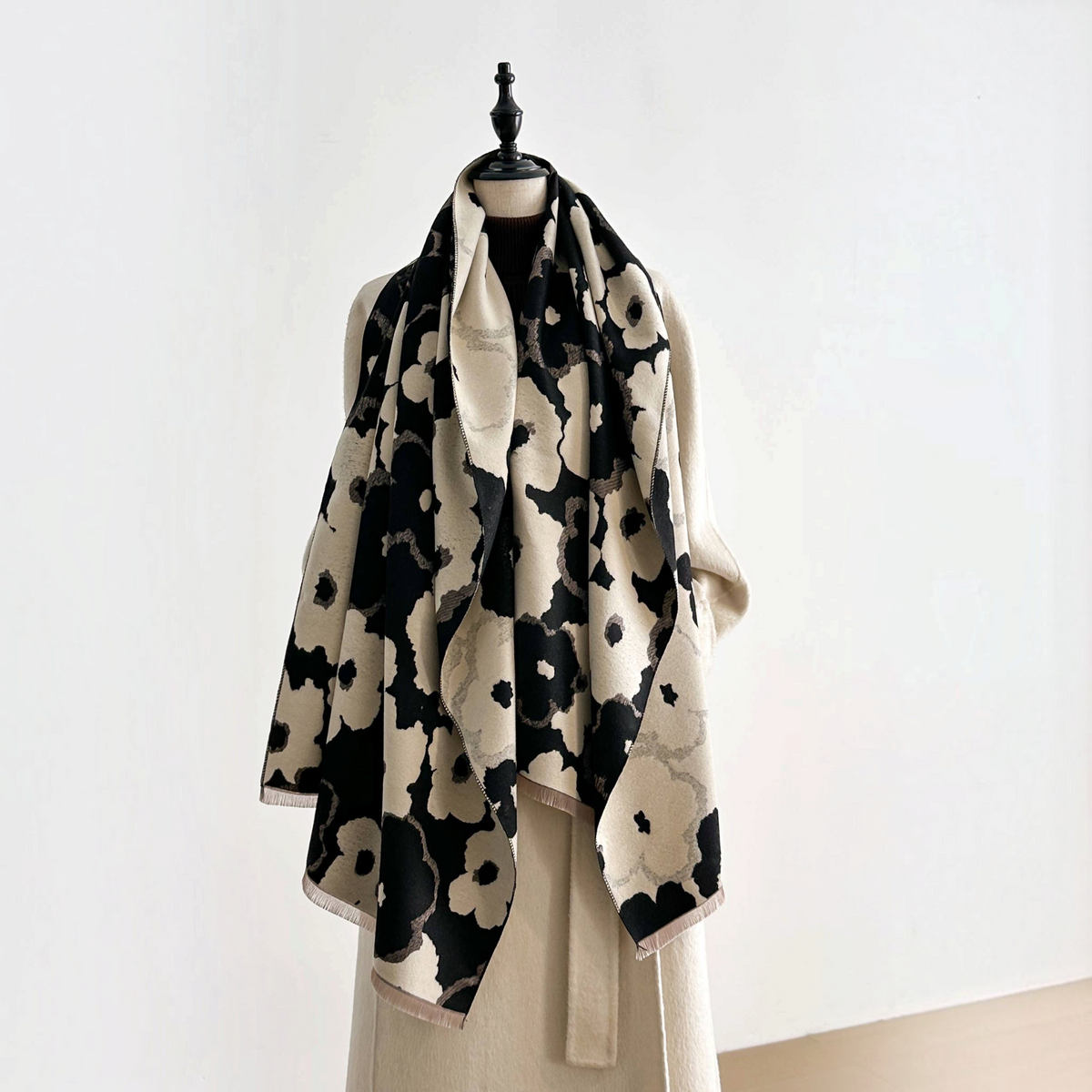 [Winding River - Black / White Drawn Rose Reversible Wrap], [Scarf], [Winding River], [Plum Bottom].