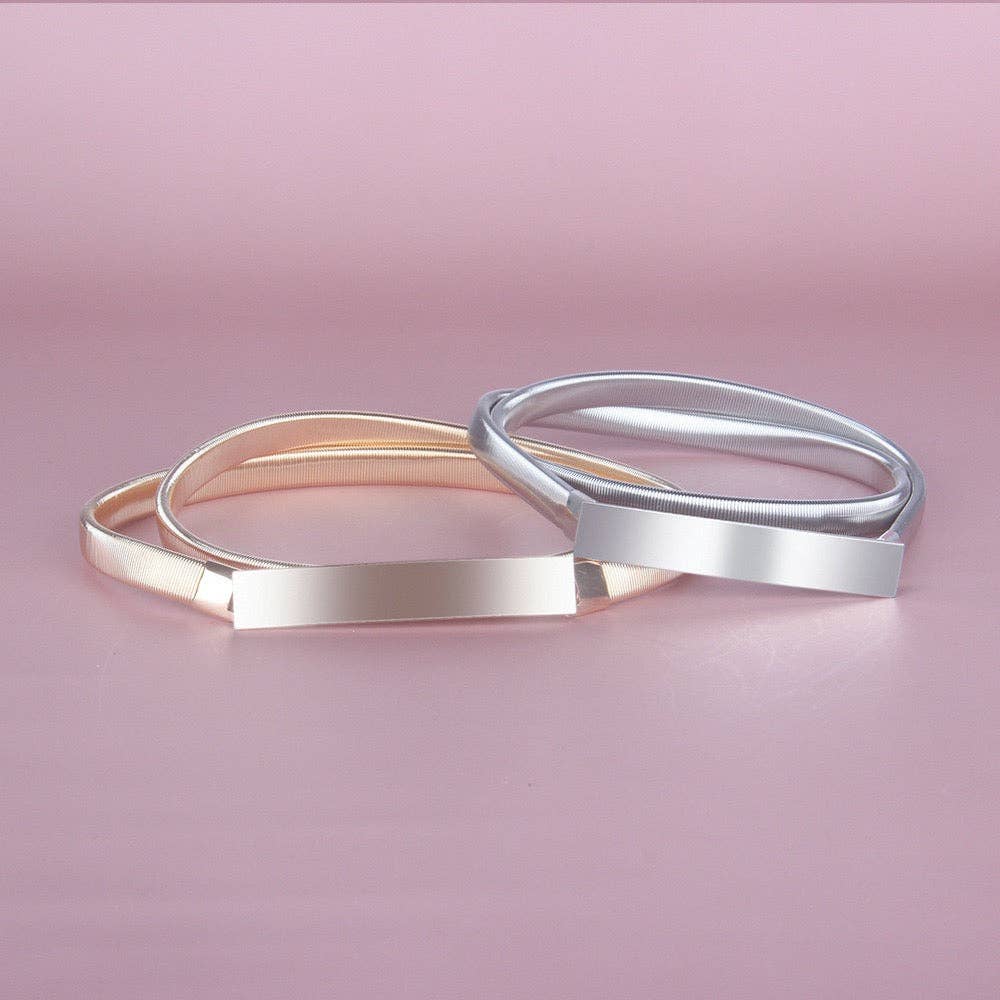 [Ellyndale - Metal Stretchable Belt (Silver): Silver / O/S], [ACCESSORIES], [Ellyndale], [Plum Bottom].
