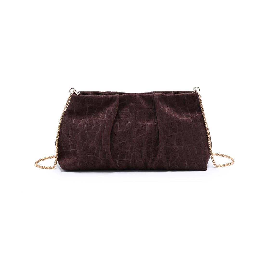 [Moda Luxe - Elva - Croc Embossed Faux Suede Clutch: Chocolate], [Handbags], [Moda Luxe], [Plum Bottom].